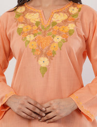 Kashmiri Aari embroidery Cotton Short Kurti Size-38 (Peach)