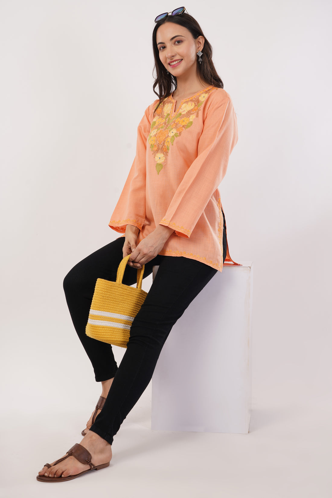 Kashmiri Aari embroidery Cotton Short Kurti Size-38 (Peach)