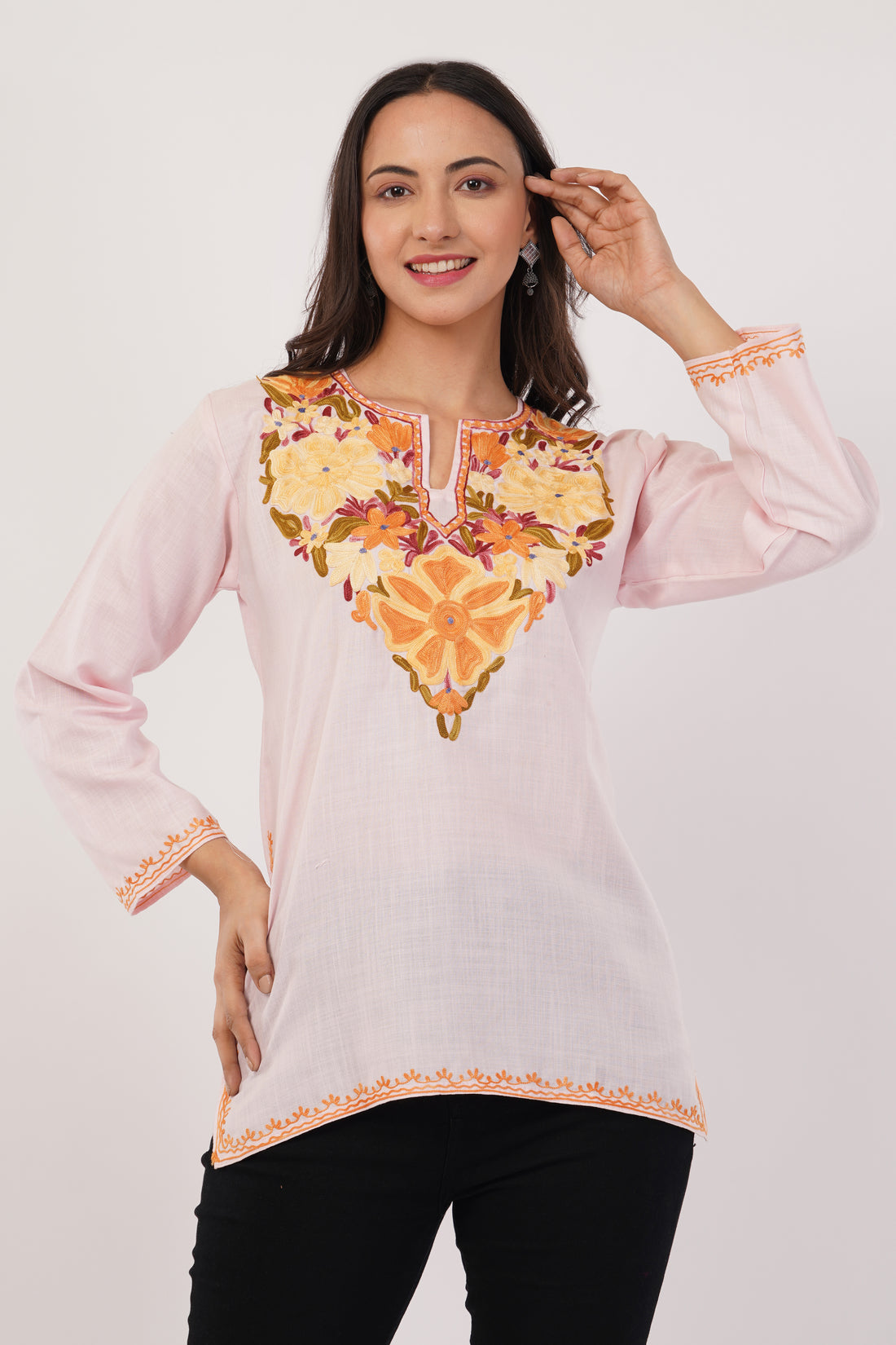 Kashmiri Aari embroidery Cotton Short Kurti Size-38 (Baby Pink)