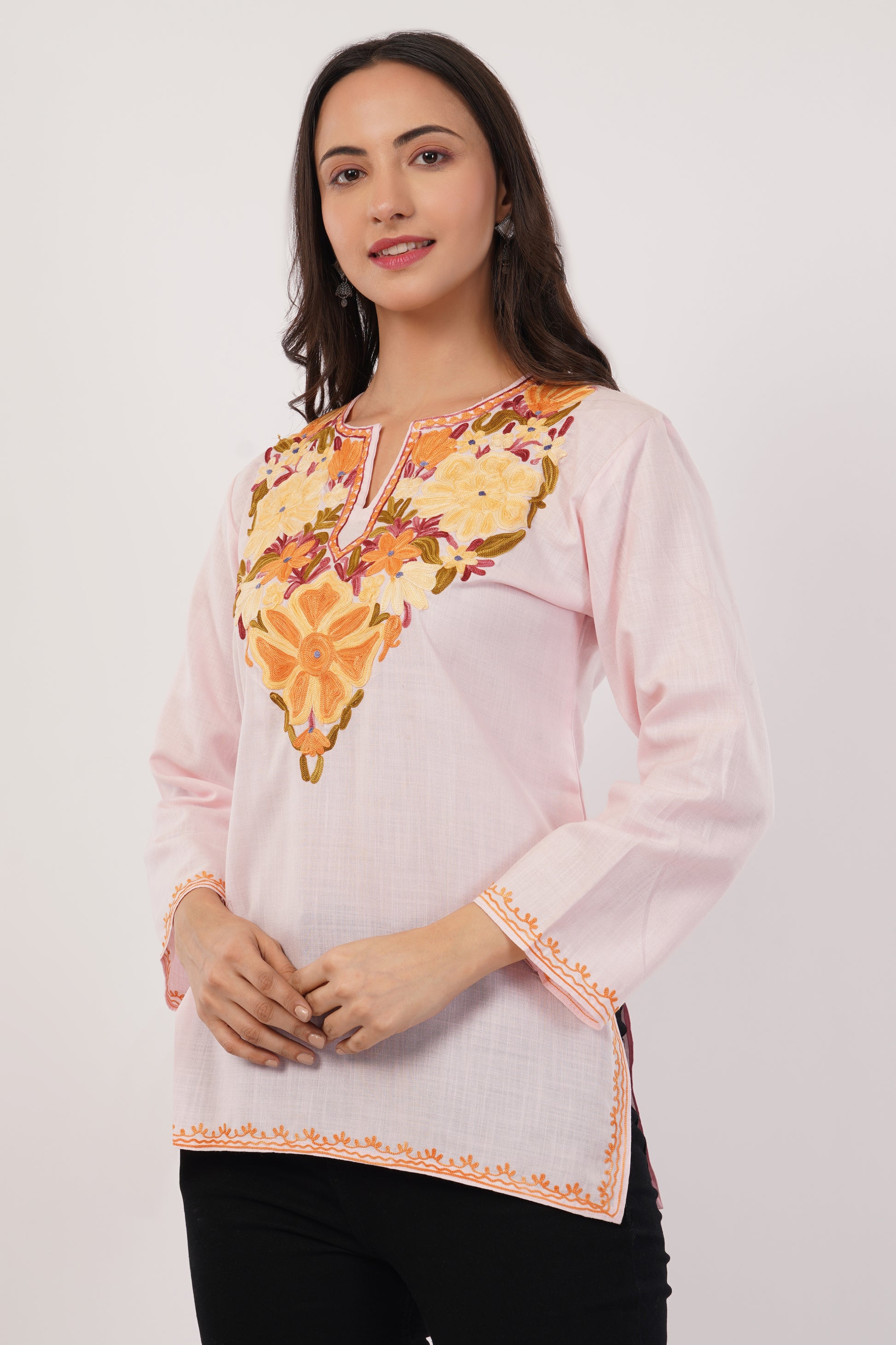 Kashmiri Aari embroidery Cotton Short Kurti Size-38 (Baby Pink)