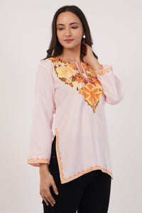 Kashmiri Aari embroidery Cotton Short Kurti Size-38 (Baby Pink)