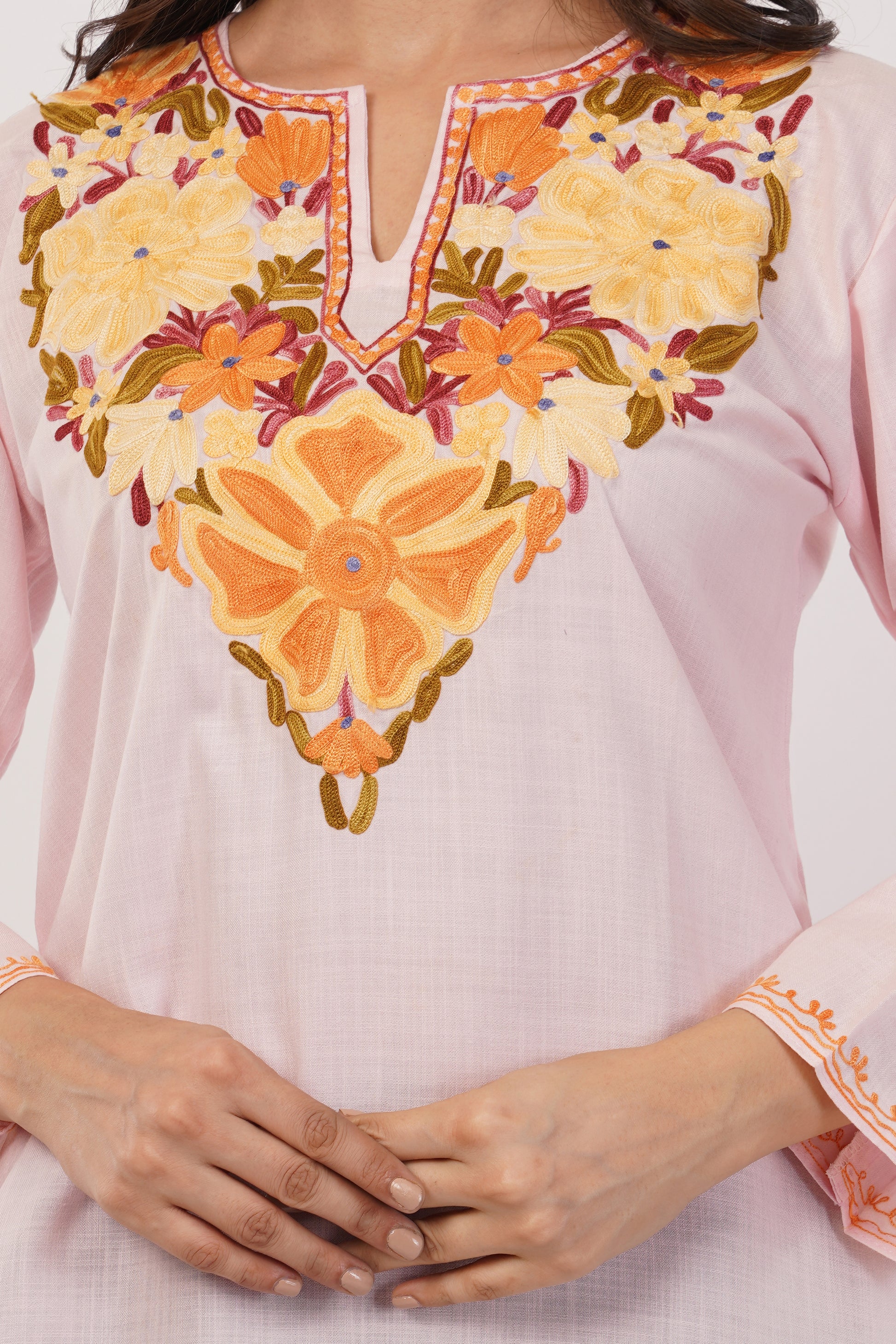 Kashmiri Aari embroidery Cotton Short Kurti Size-38 (Baby Pink)