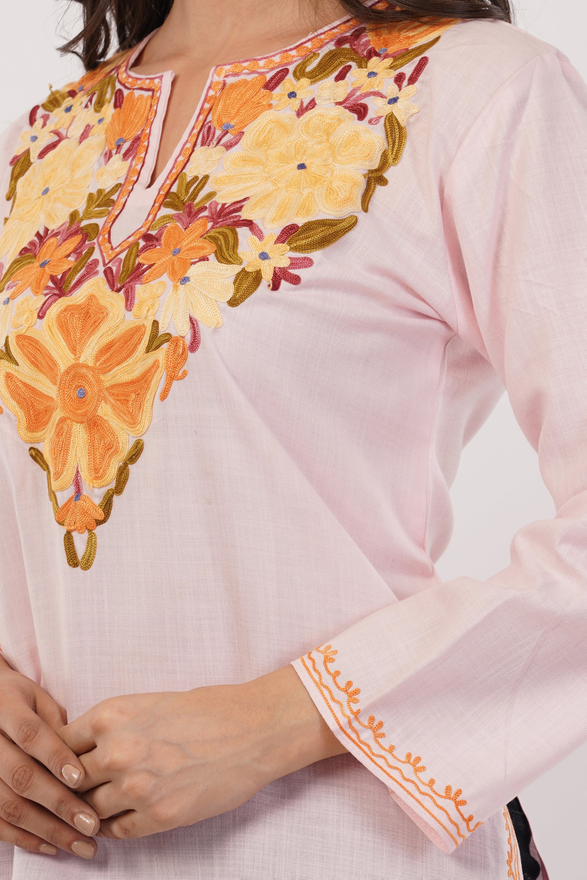Kashmiri Aari embroidery Cotton Short Kurti Size-38 (Baby Pink)