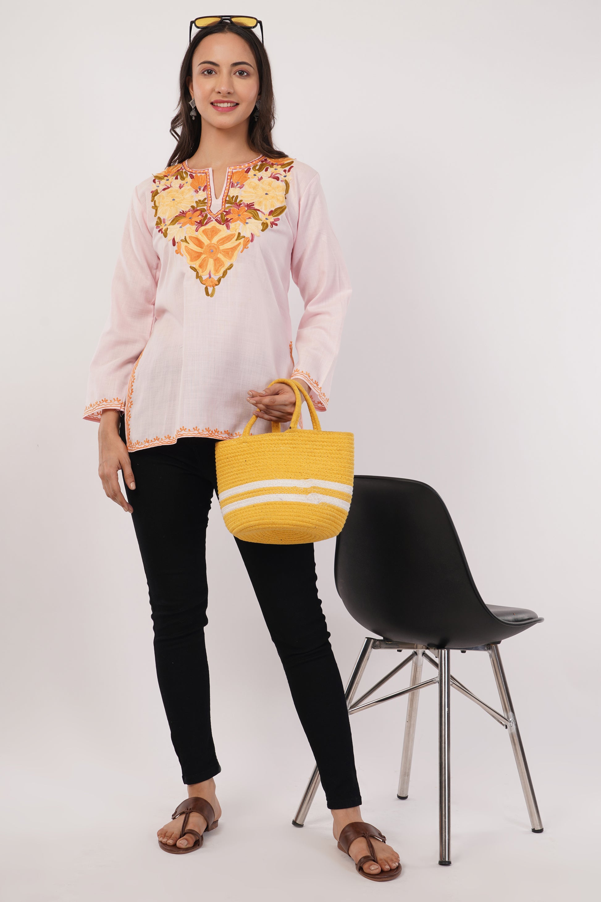 Kashmiri Aari embroidery Cotton Short Kurti Size-38 (Baby Pink)