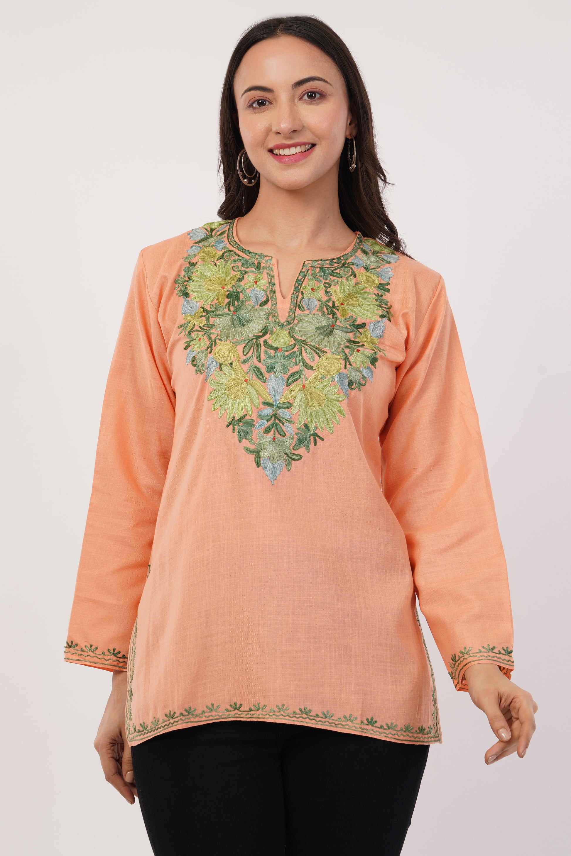 Kashmiri Aari embroidery Cotton Short Kurti Size-36(Peach)