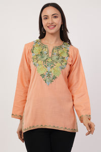 Kashmiri Aari embroidery Cotton Short Kurti Size-36(Peach)