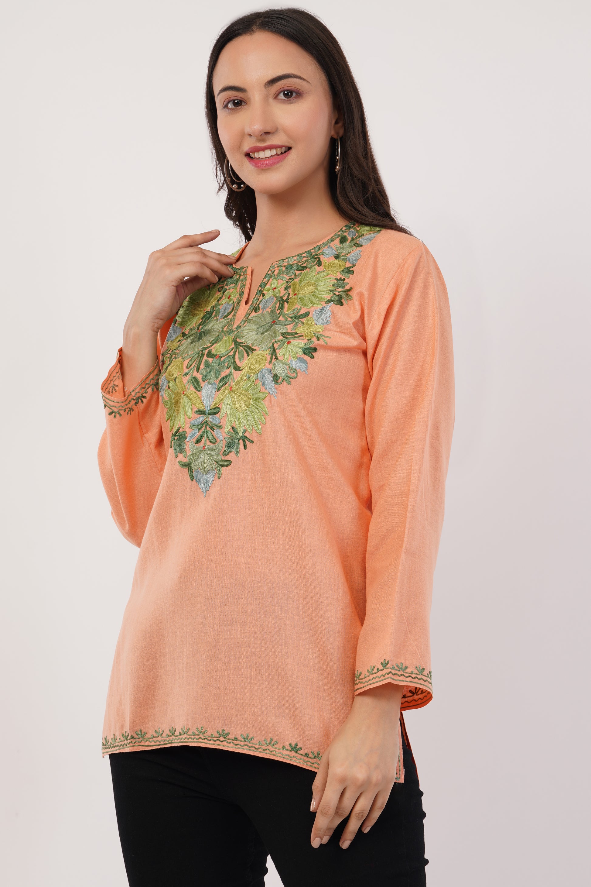 Kashmiri Aari embroidery Cotton Short Kurti Size-36(Peach)