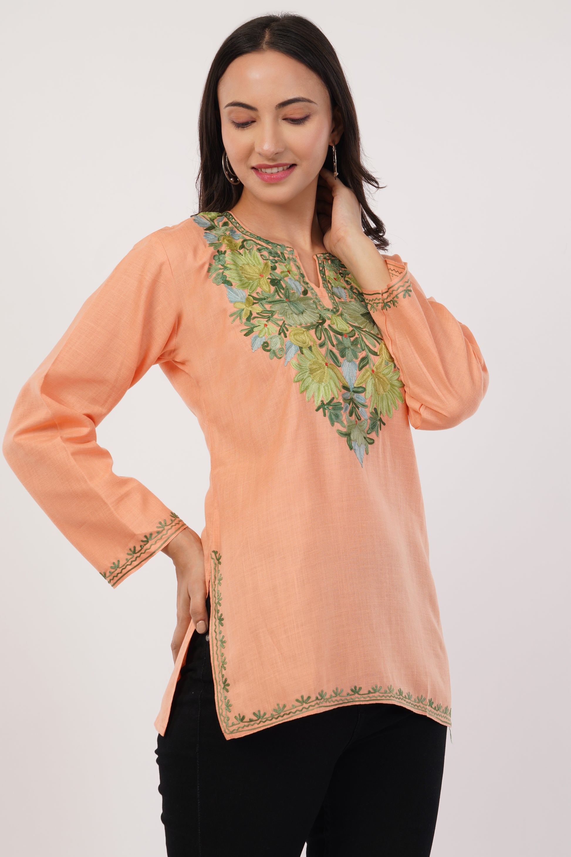 Kashmiri Aari embroidery Cotton Short Kurti Size-36(Peach)