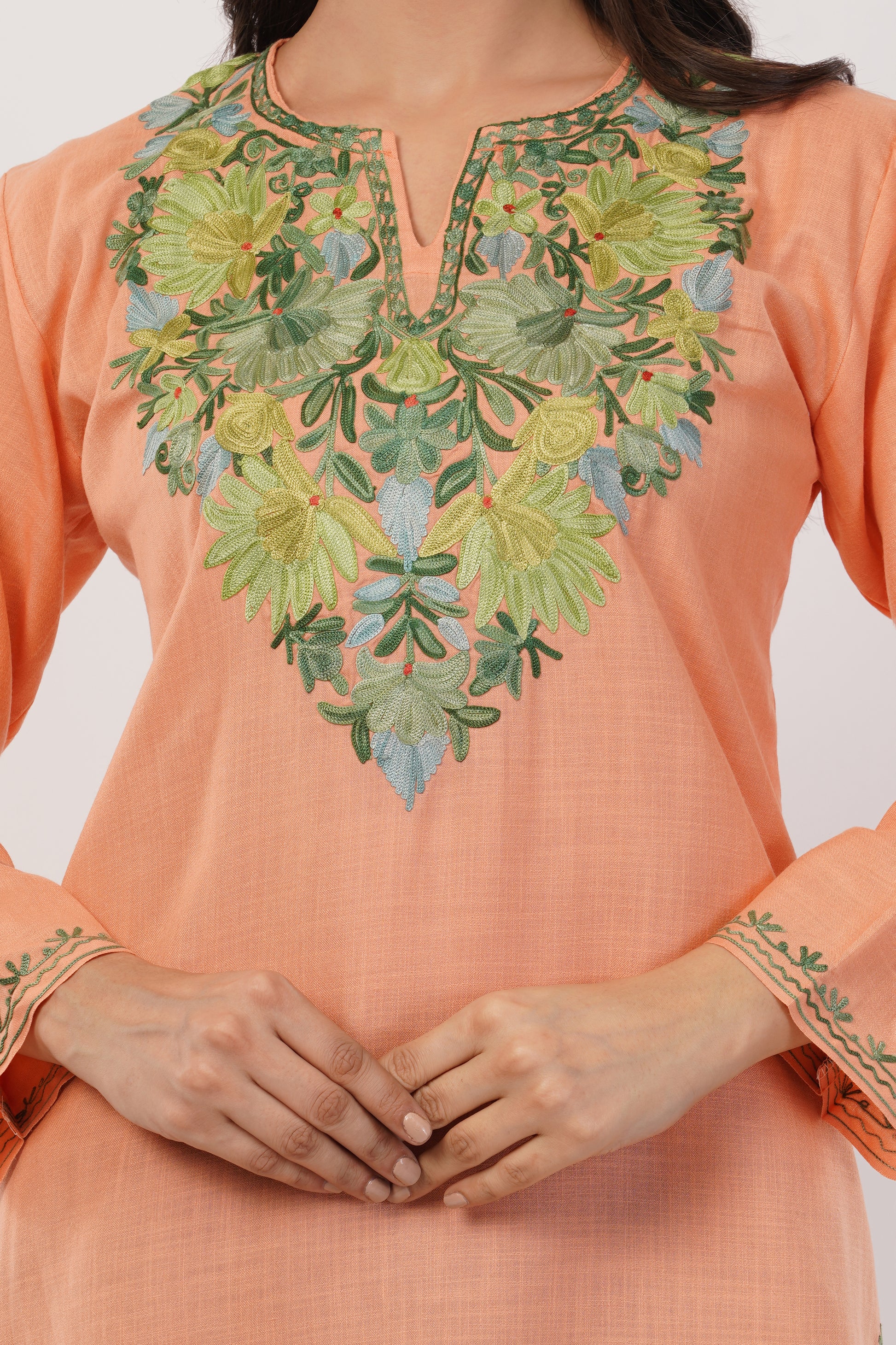 Kashmiri Aari embroidery Cotton Short Kurti Size-36(Peach)