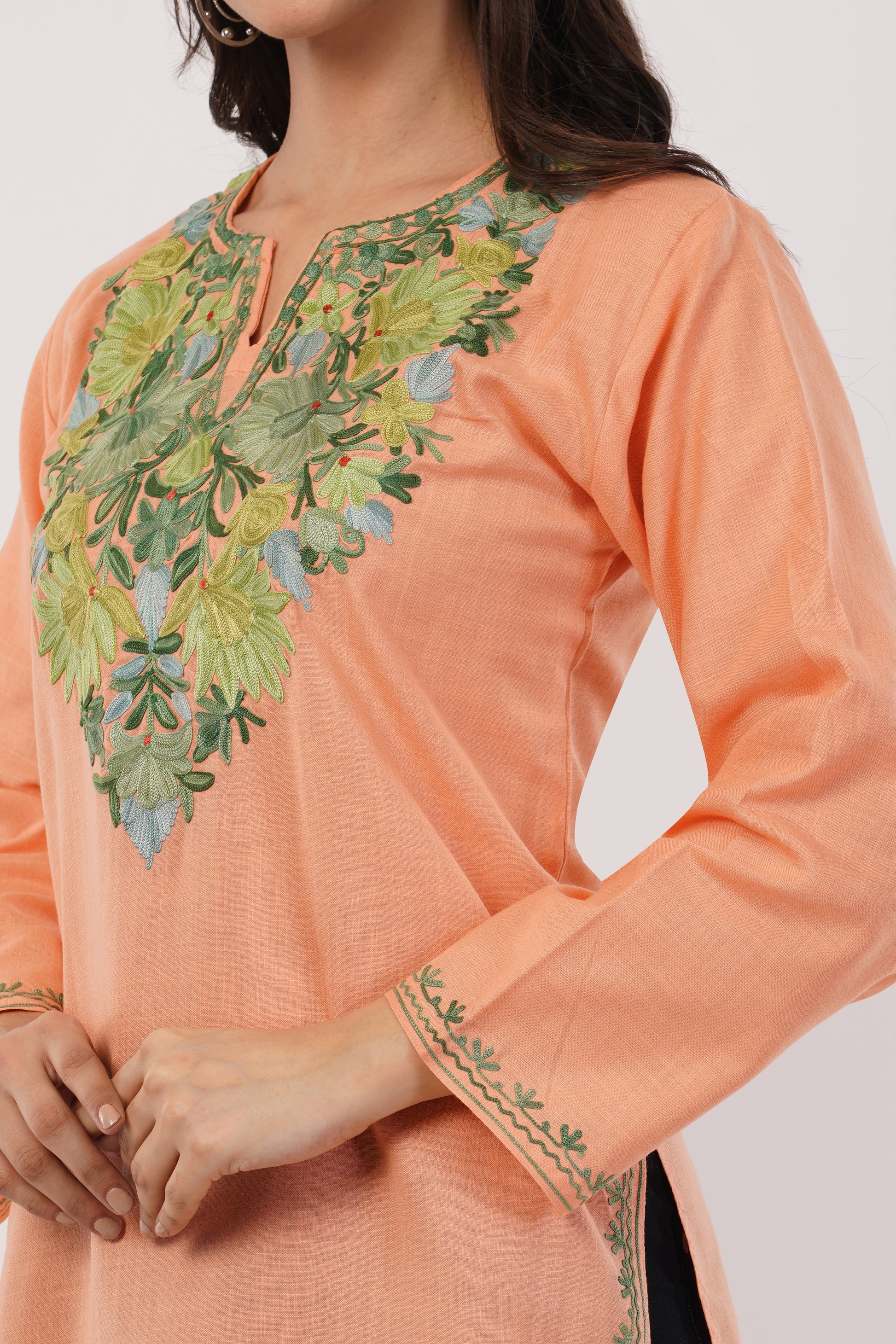 Kashmiri Aari embroidery Cotton Short Kurti Size-36(Peach)