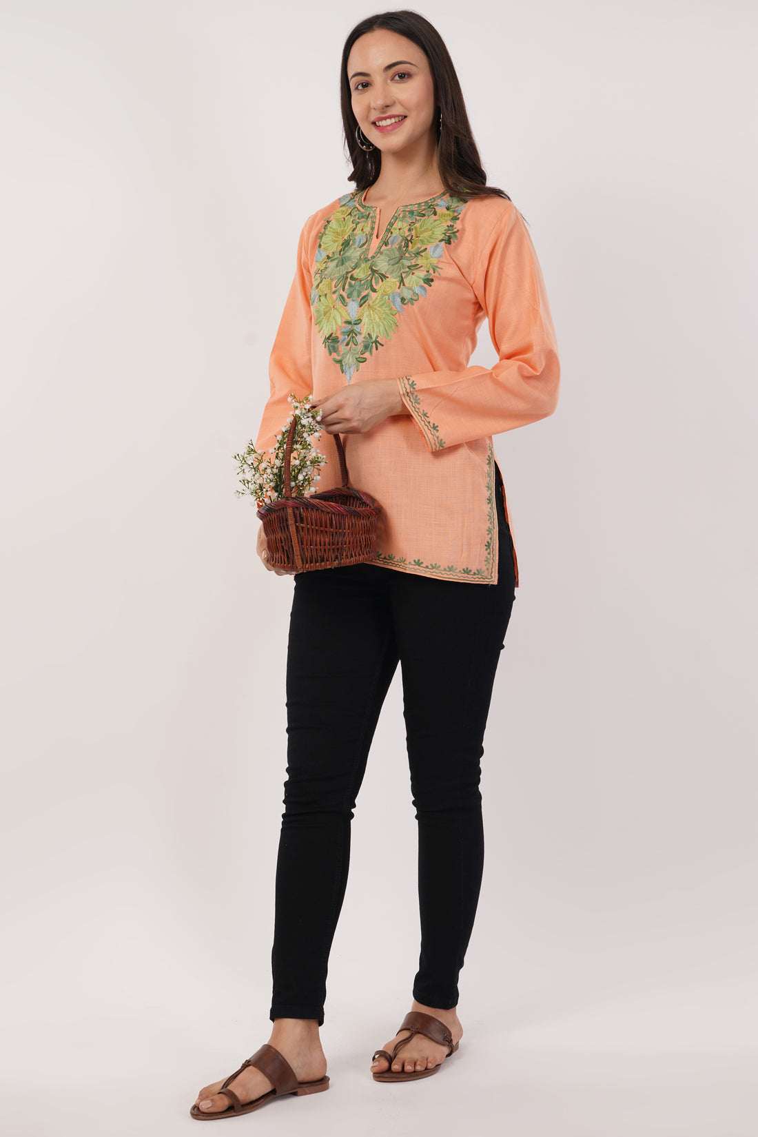 Kashmiri Aari embroidery Cotton Short Kurti Size-36(Peach)