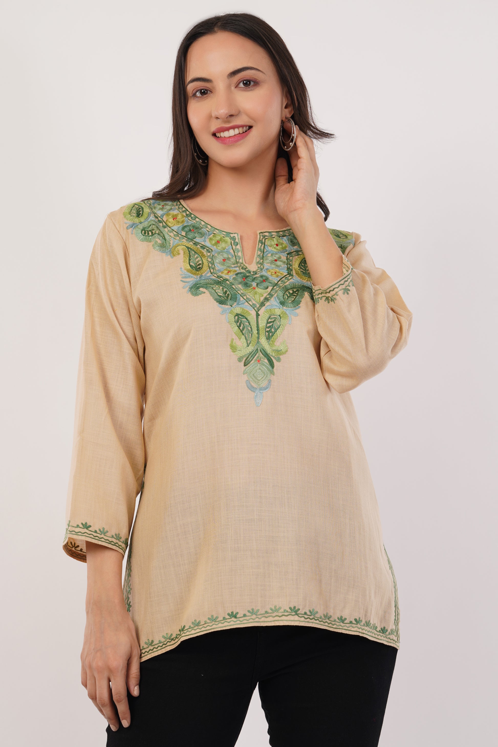 Kashmiri Aari embroidery Cotton Short Kurti Size-38( Beige)