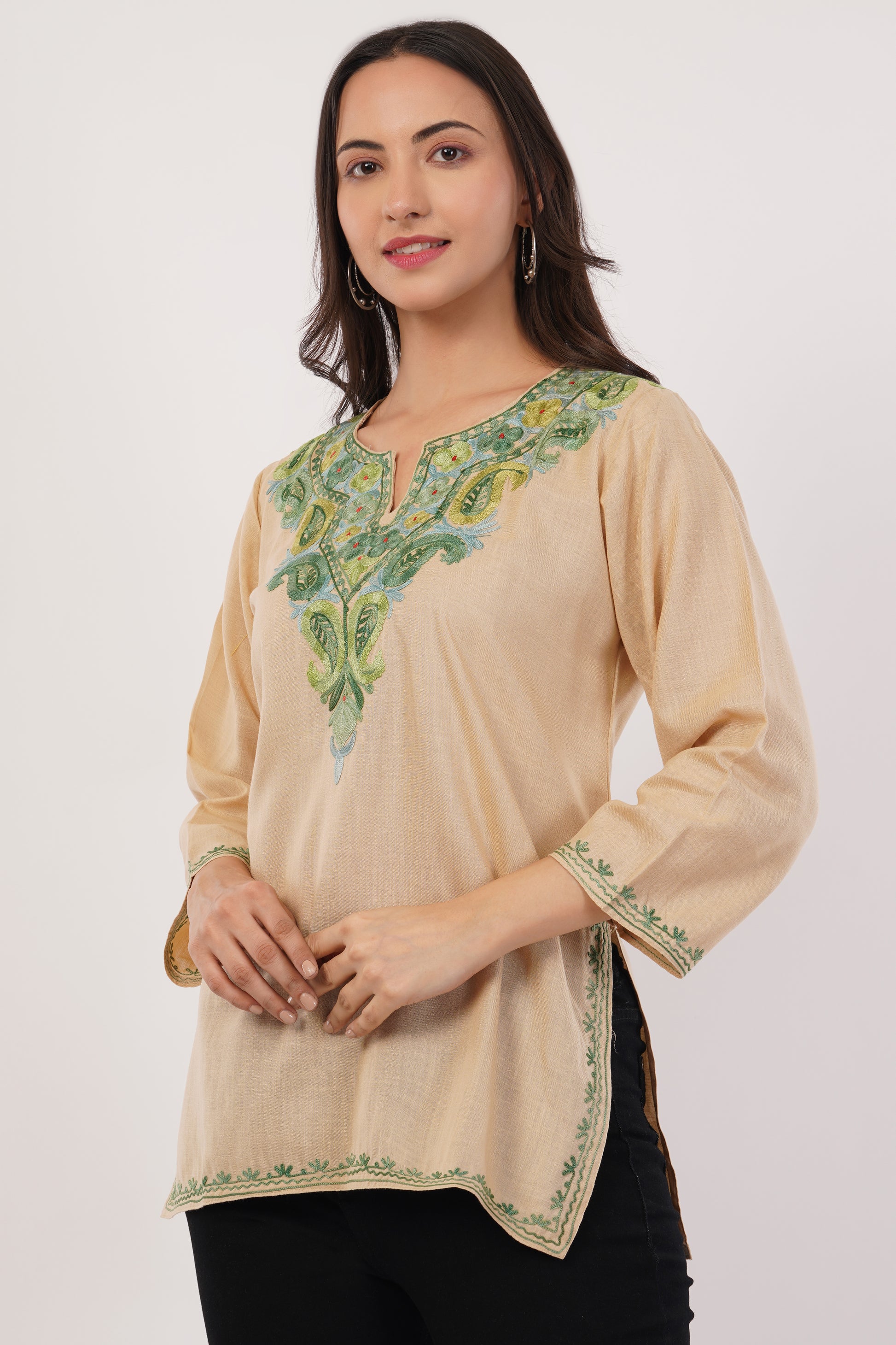 Kashmiri Aari embroidery Cotton Short Kurti Size-38( Beige)