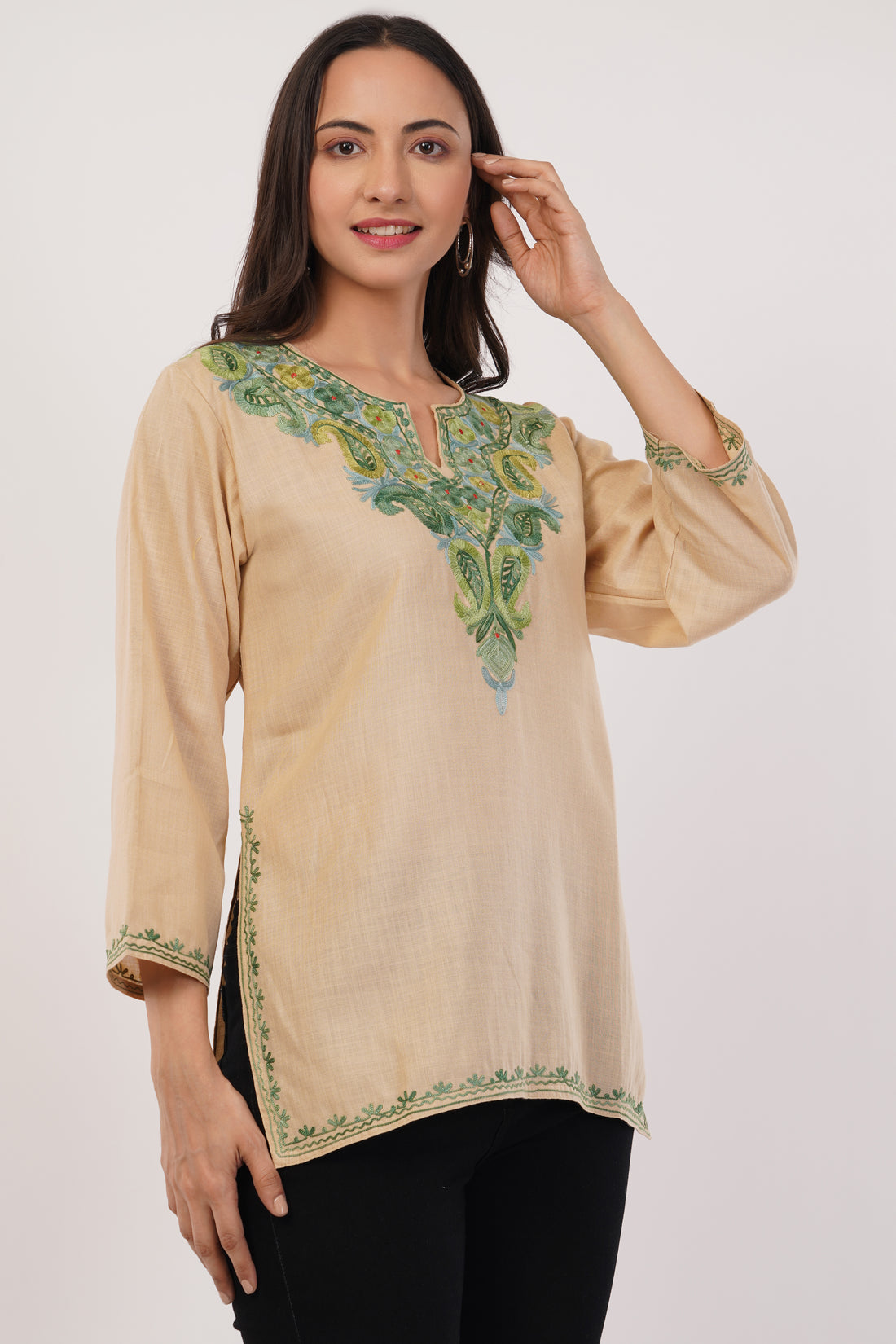 Kashmiri Aari embroidery Cotton Short Kurti Size-38( Beige)