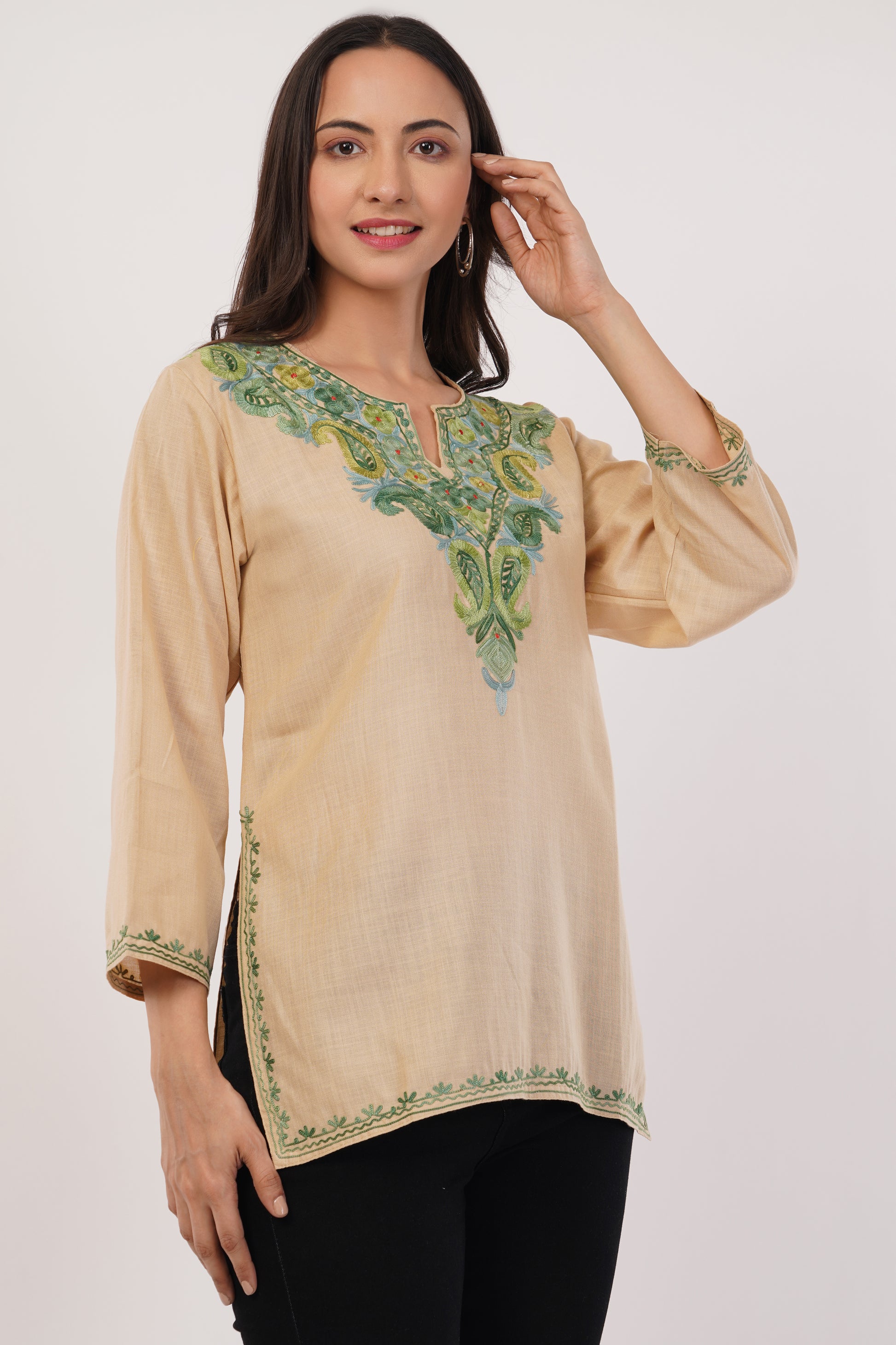 Kashmiri Aari embroidery Cotton Short Kurti Size-38( Beige)