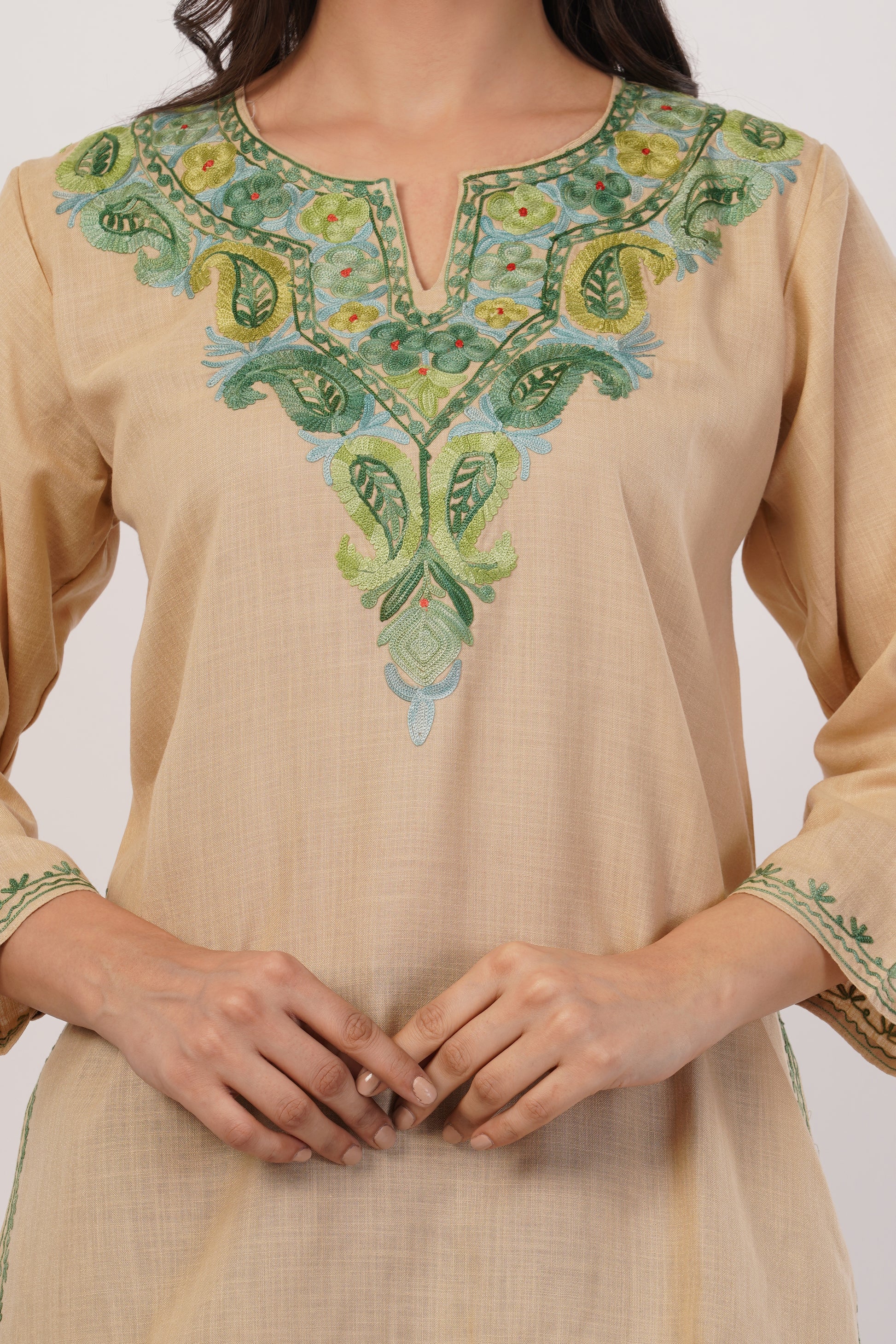 Kashmiri Aari embroidery Cotton Short Kurti Size-38( Beige)