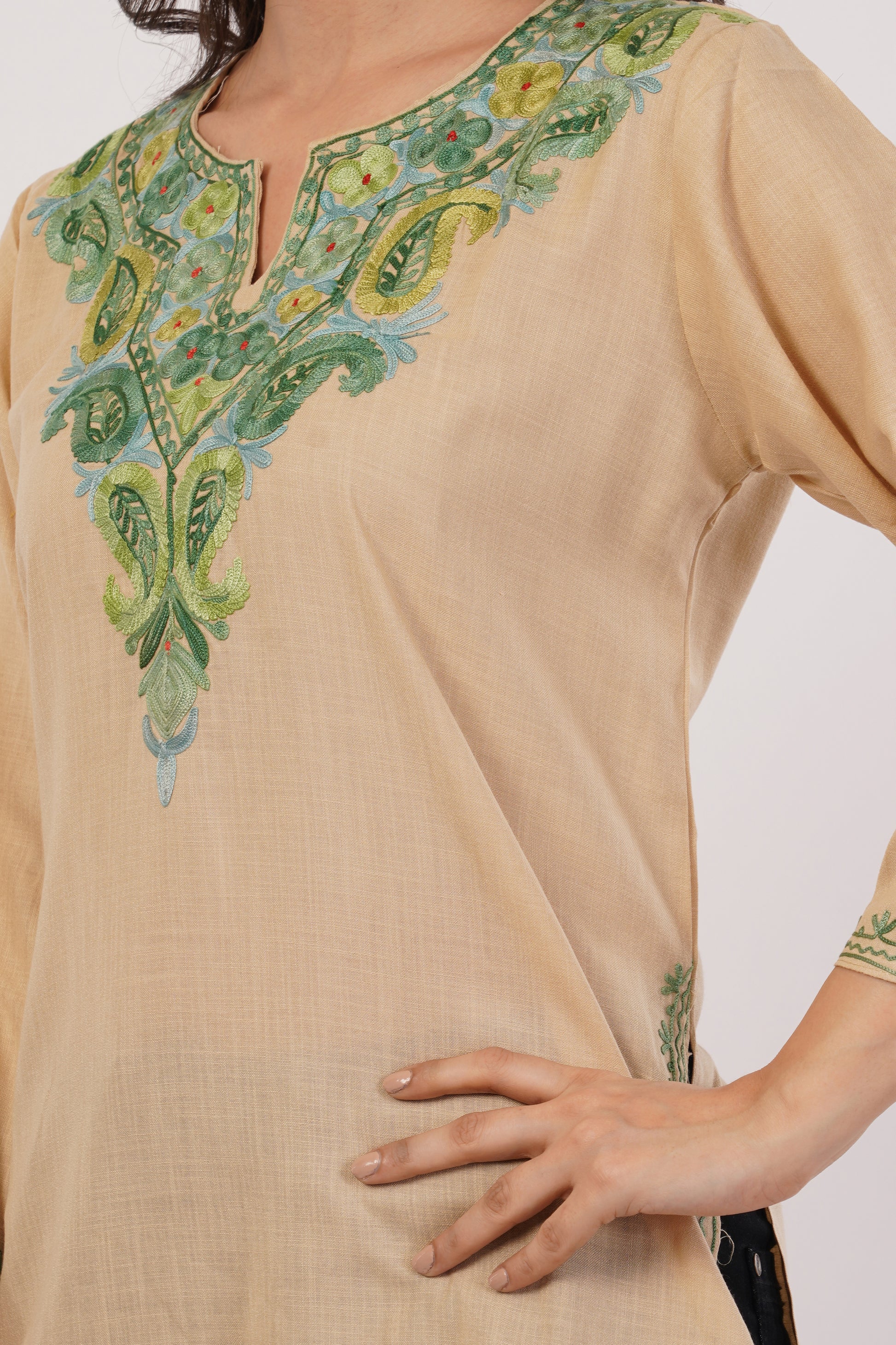 Kashmiri Aari embroidery Cotton Short Kurti Size-38( Beige)
