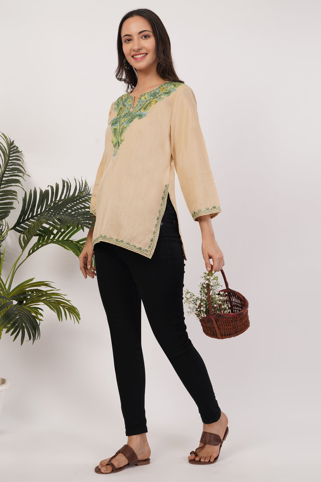 Kashmiri Aari embroidery Cotton Short Kurti Size-38( Beige)