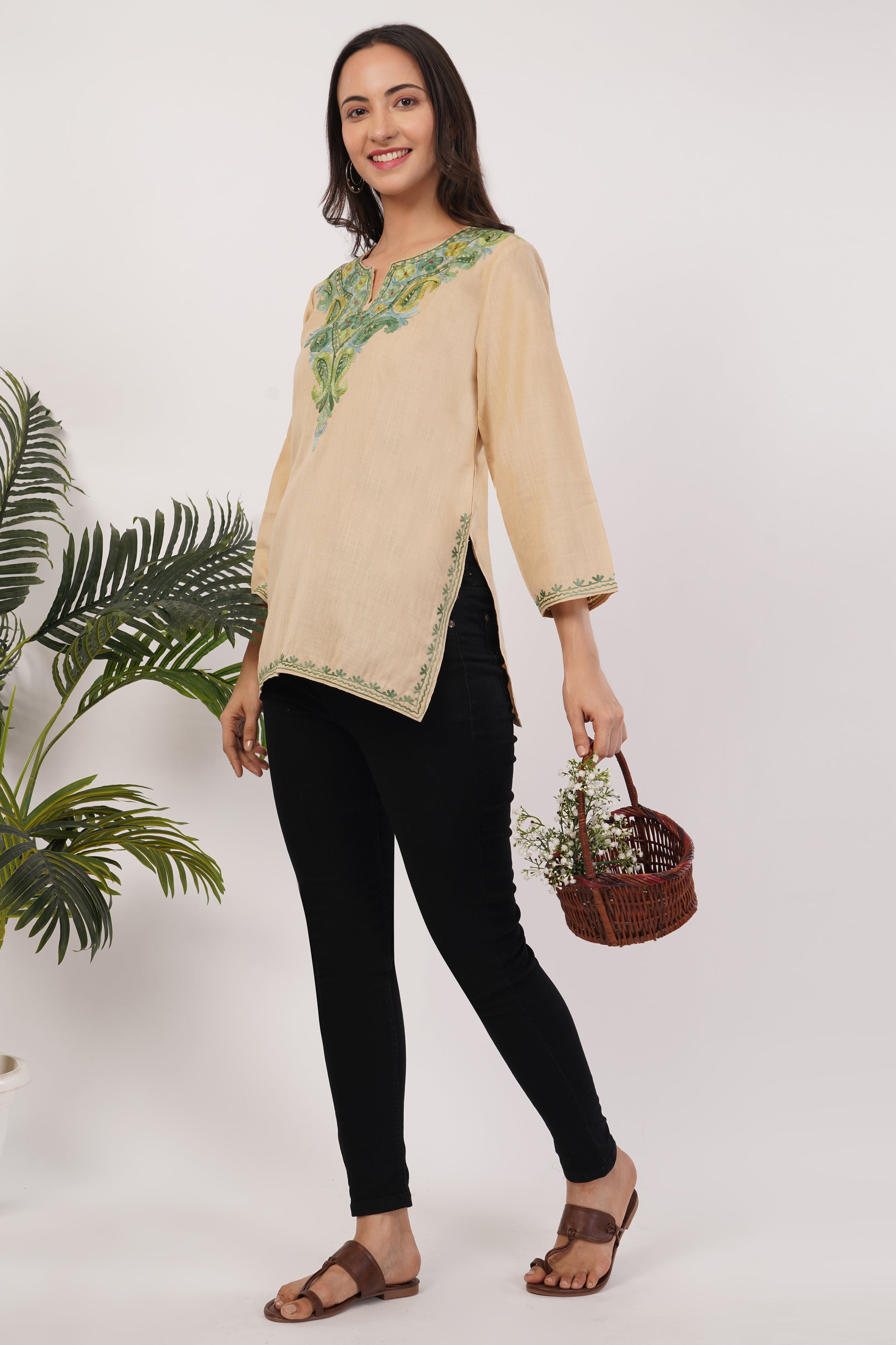 Kashmiri Aari embroidery Cotton Short Kurti Size-38( Beige)