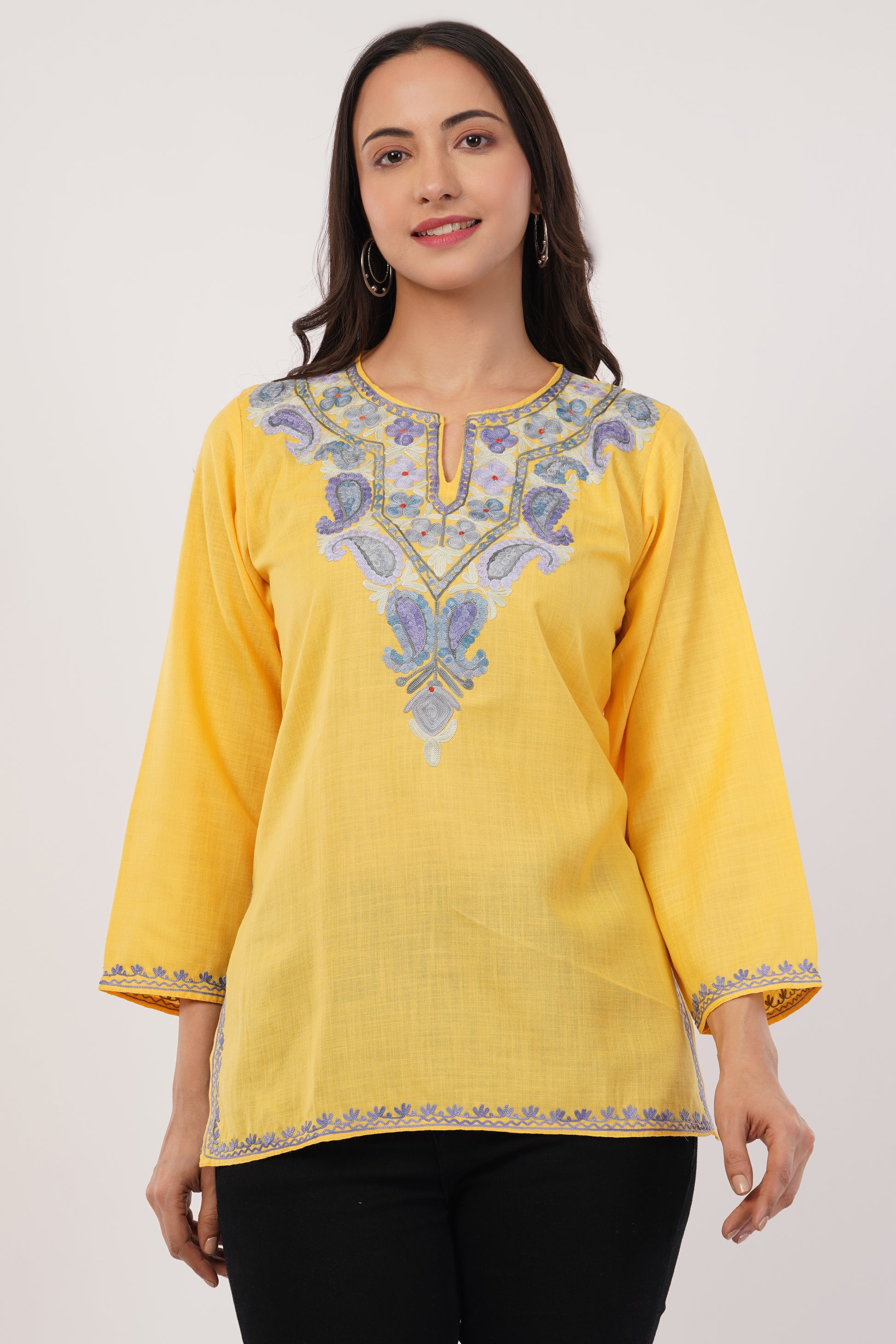 Kashmiri Aari embroidery Cotton Short Kurti Size-38 (Yellow)
