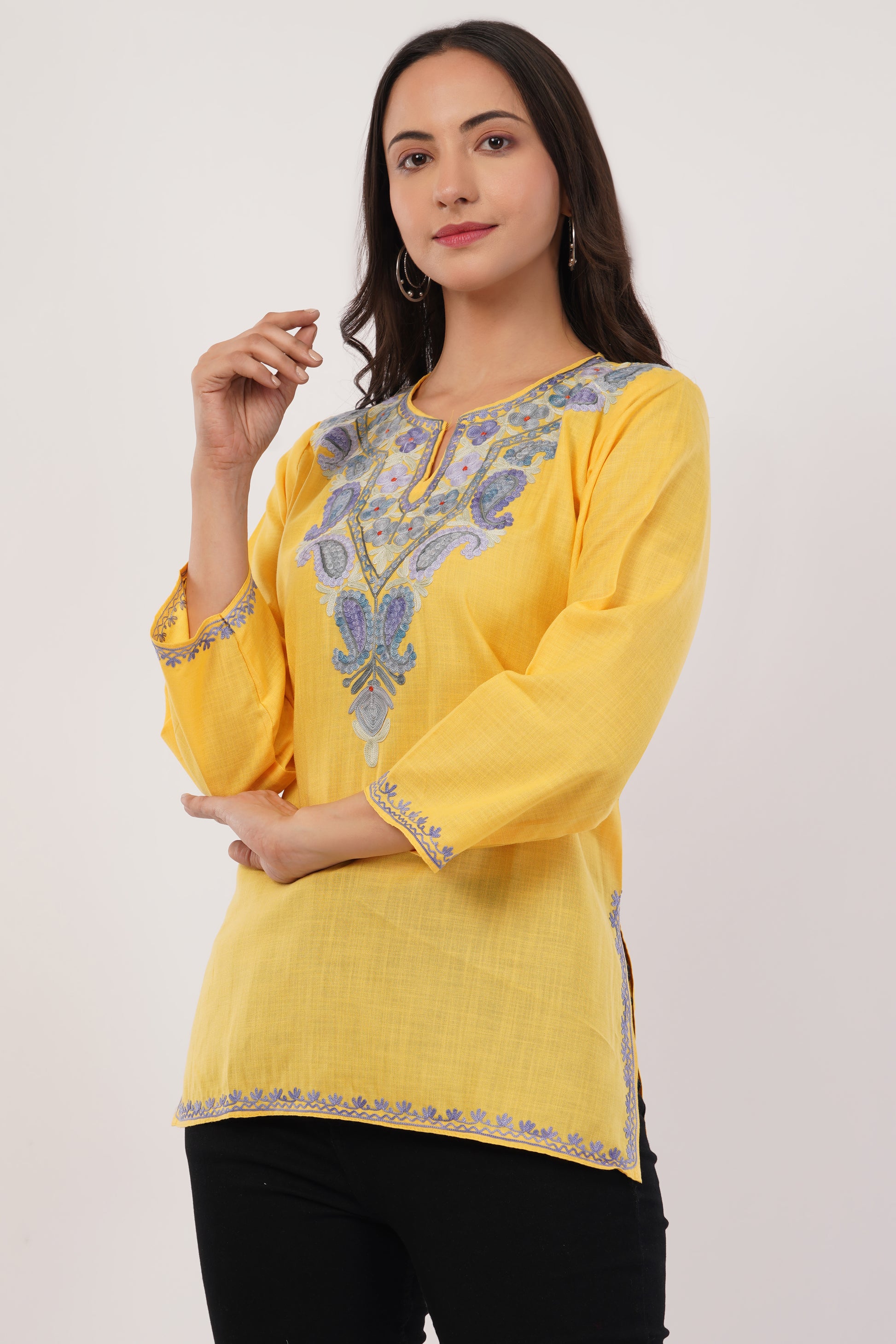 Kashmiri Aari embroidery Cotton Short Kurti Size-38 (Yellow)