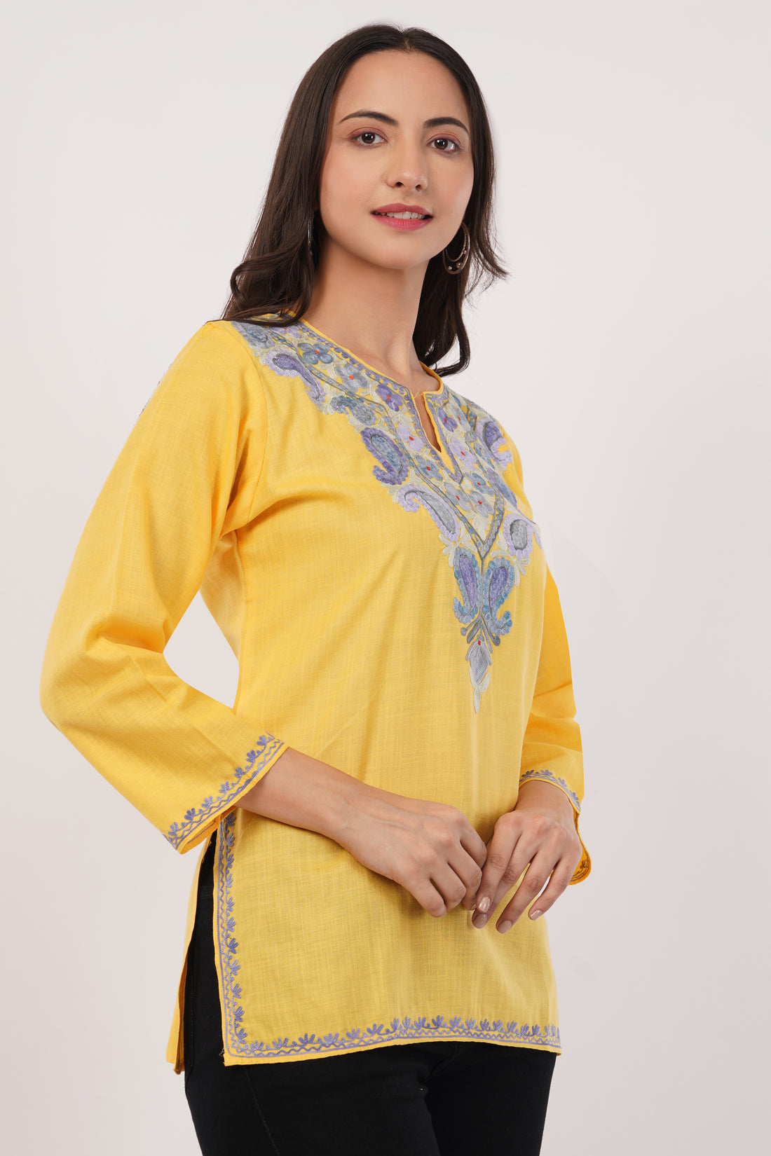 Kashmiri Aari embroidery Cotton Short Kurti Size-38 (Yellow)