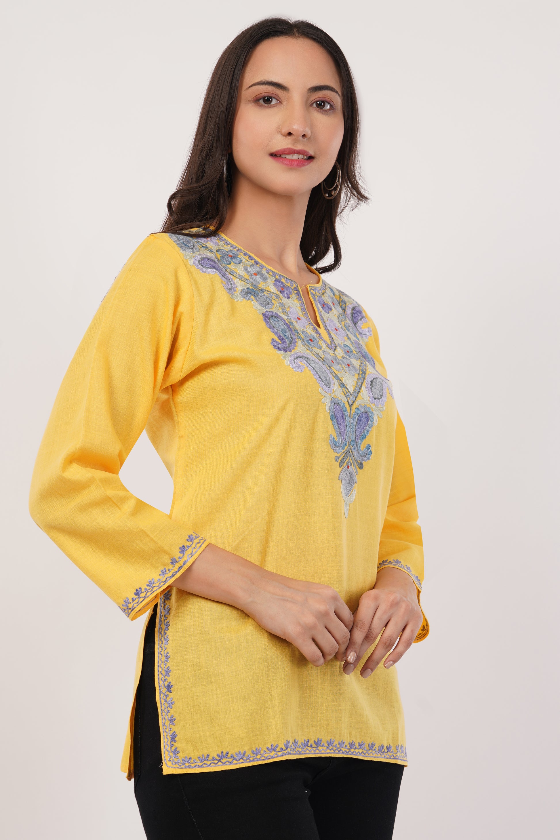 Kashmiri Aari embroidery Cotton Short Kurti Size-38 (Yellow)