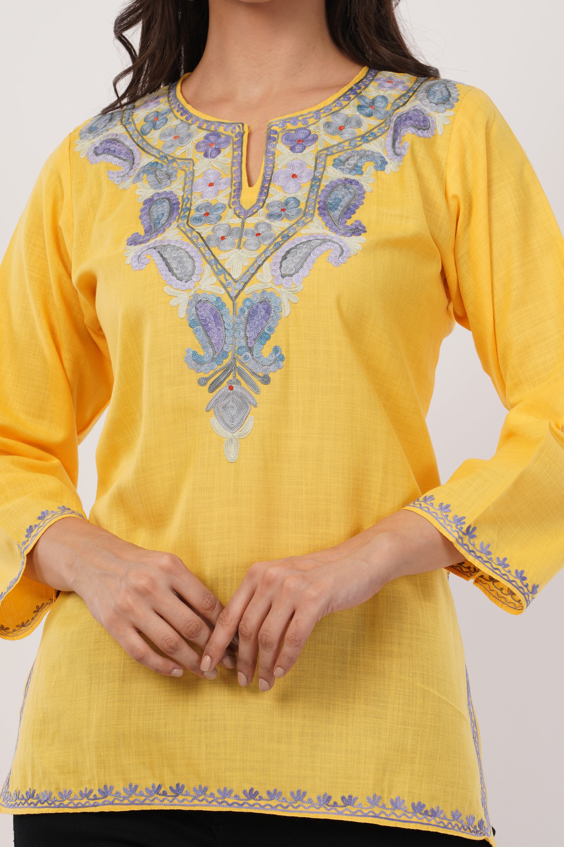 Kashmiri Aari embroidery Cotton Short Kurti Size-38 (Yellow)