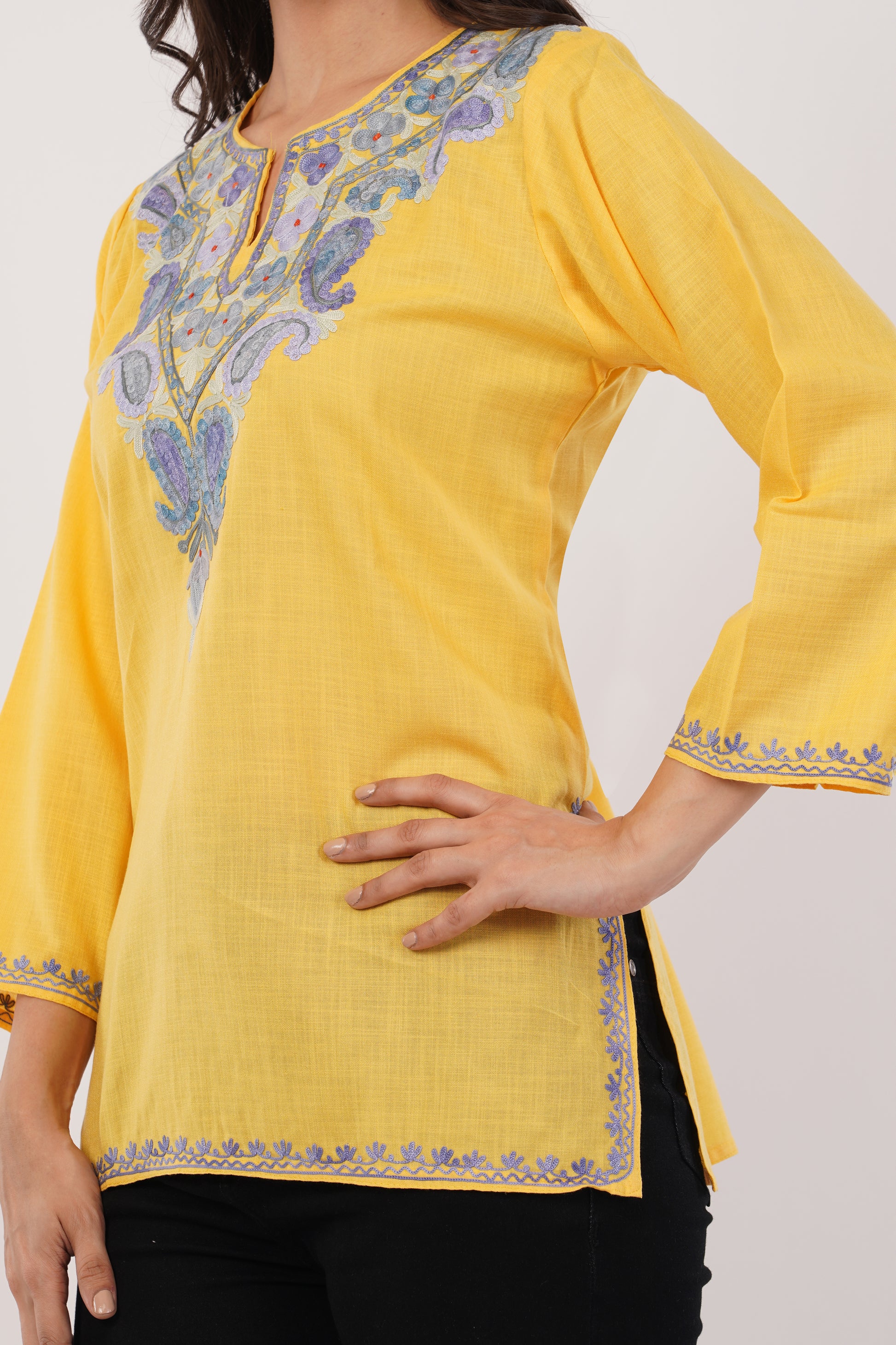 Kashmiri Aari embroidery Cotton Short Kurti Size-38 (Yellow)
