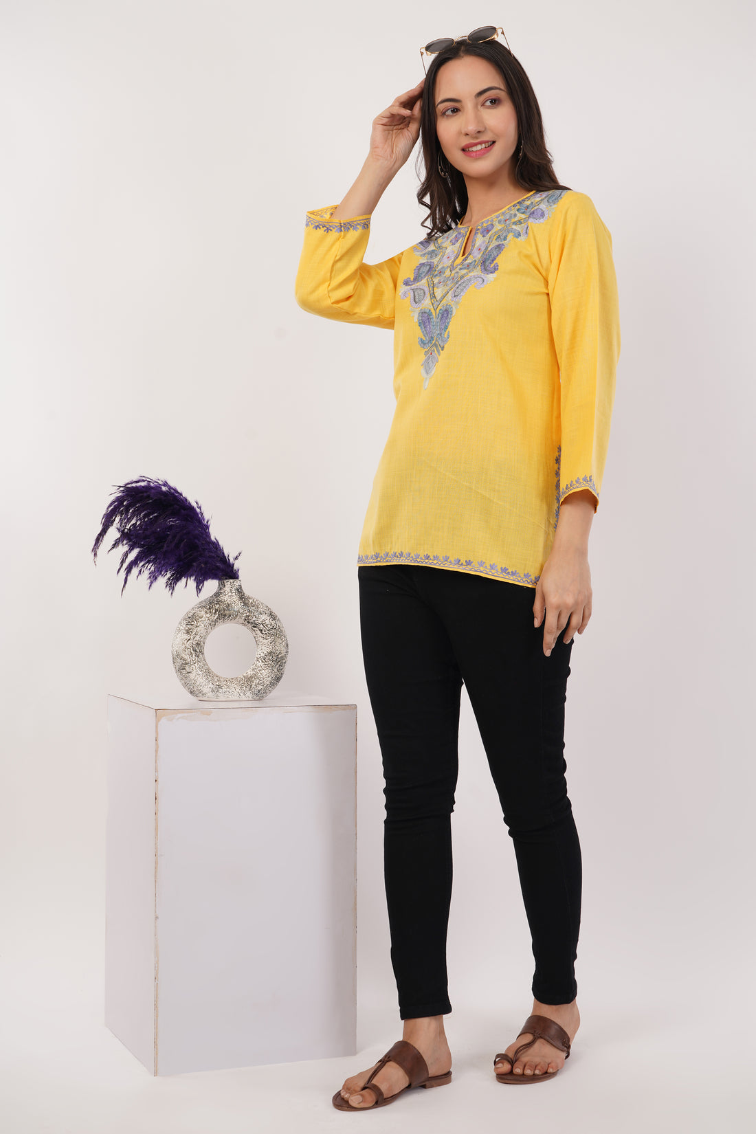 Kashmiri Aari embroidery Cotton Short Kurti Size-38 (Yellow)
