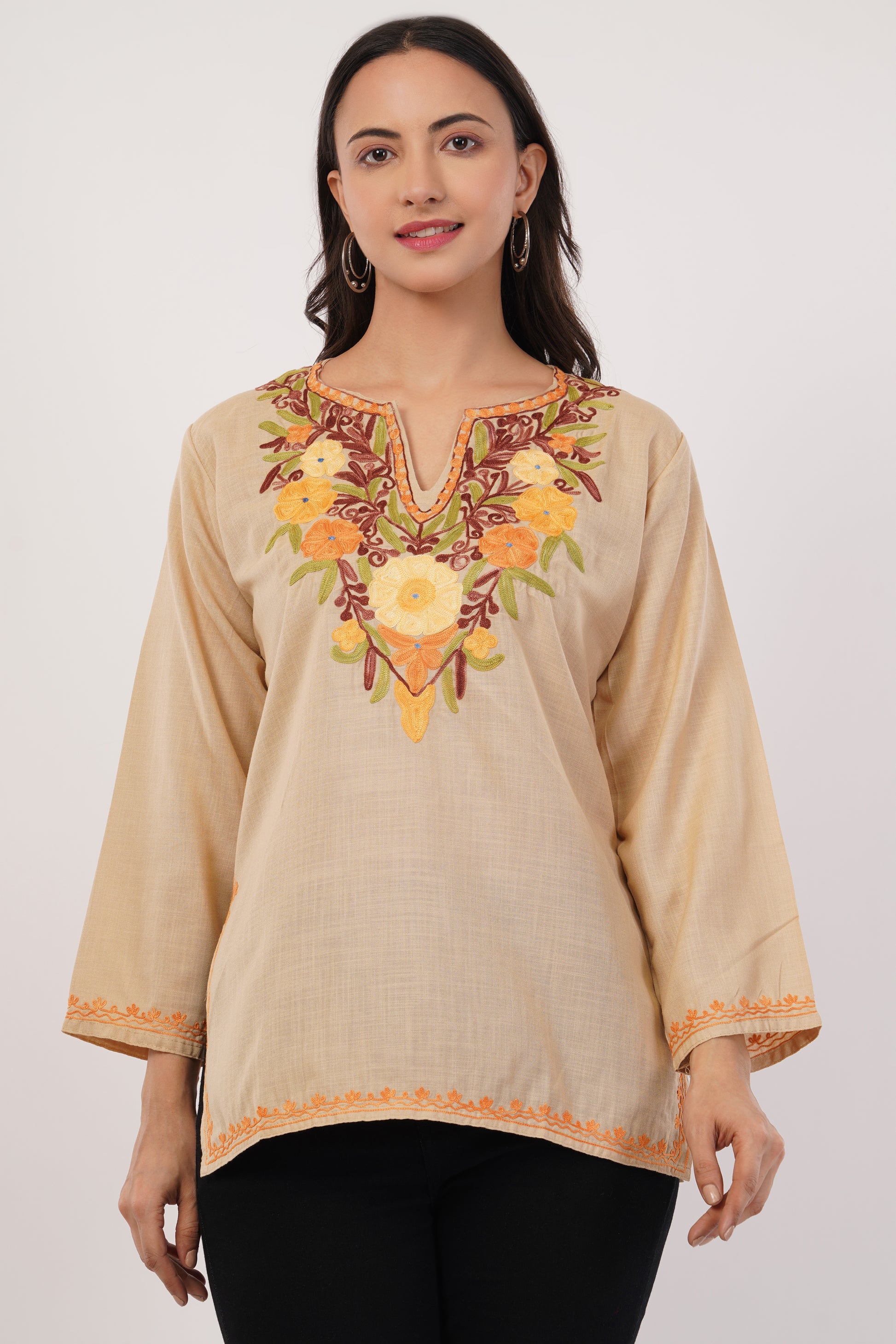 Kashmiri Aari embroidery Cotton Short Kurti Size-38 (Beige)