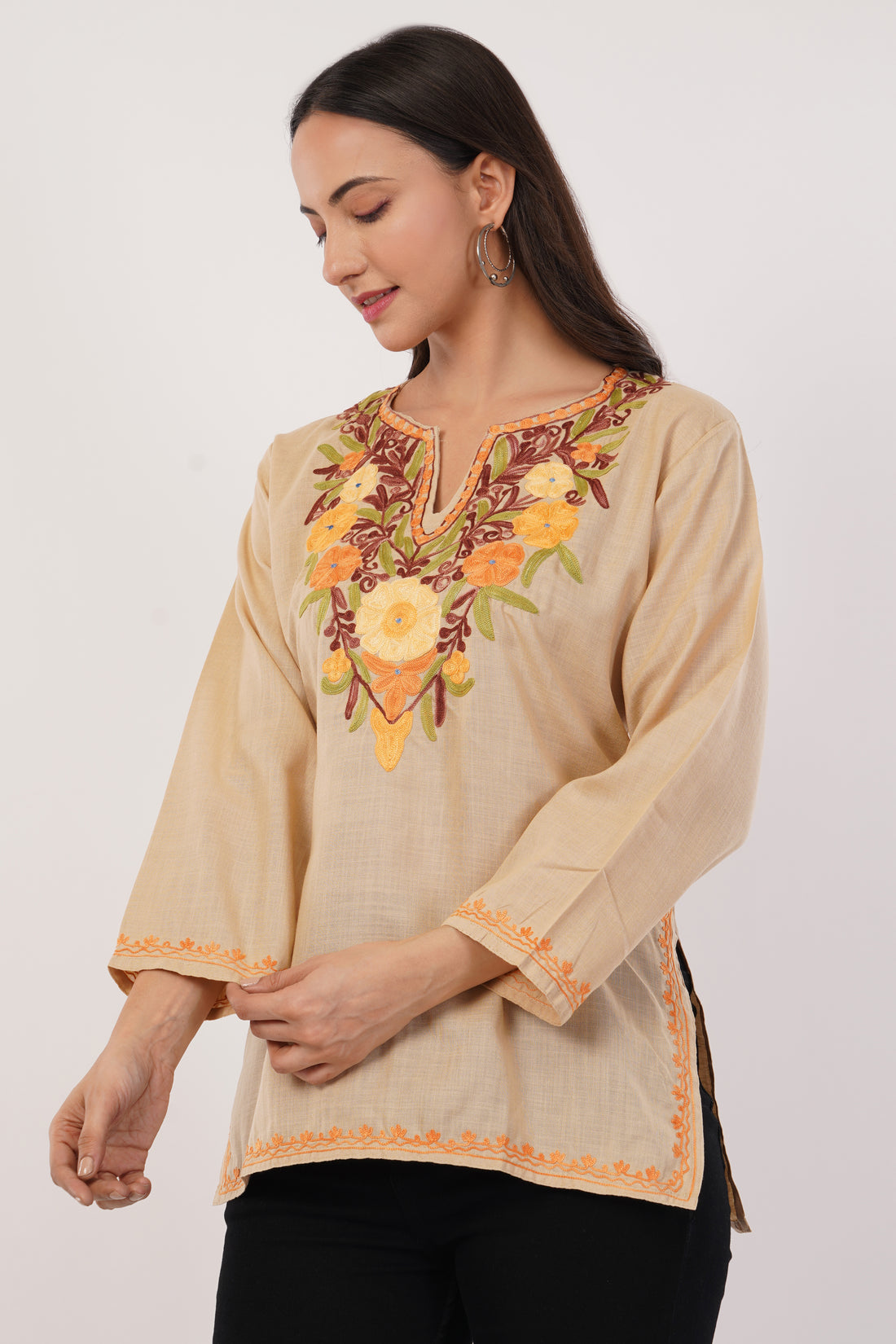 Kashmiri Aari embroidery Cotton Short Kurti Size-38 (Beige)