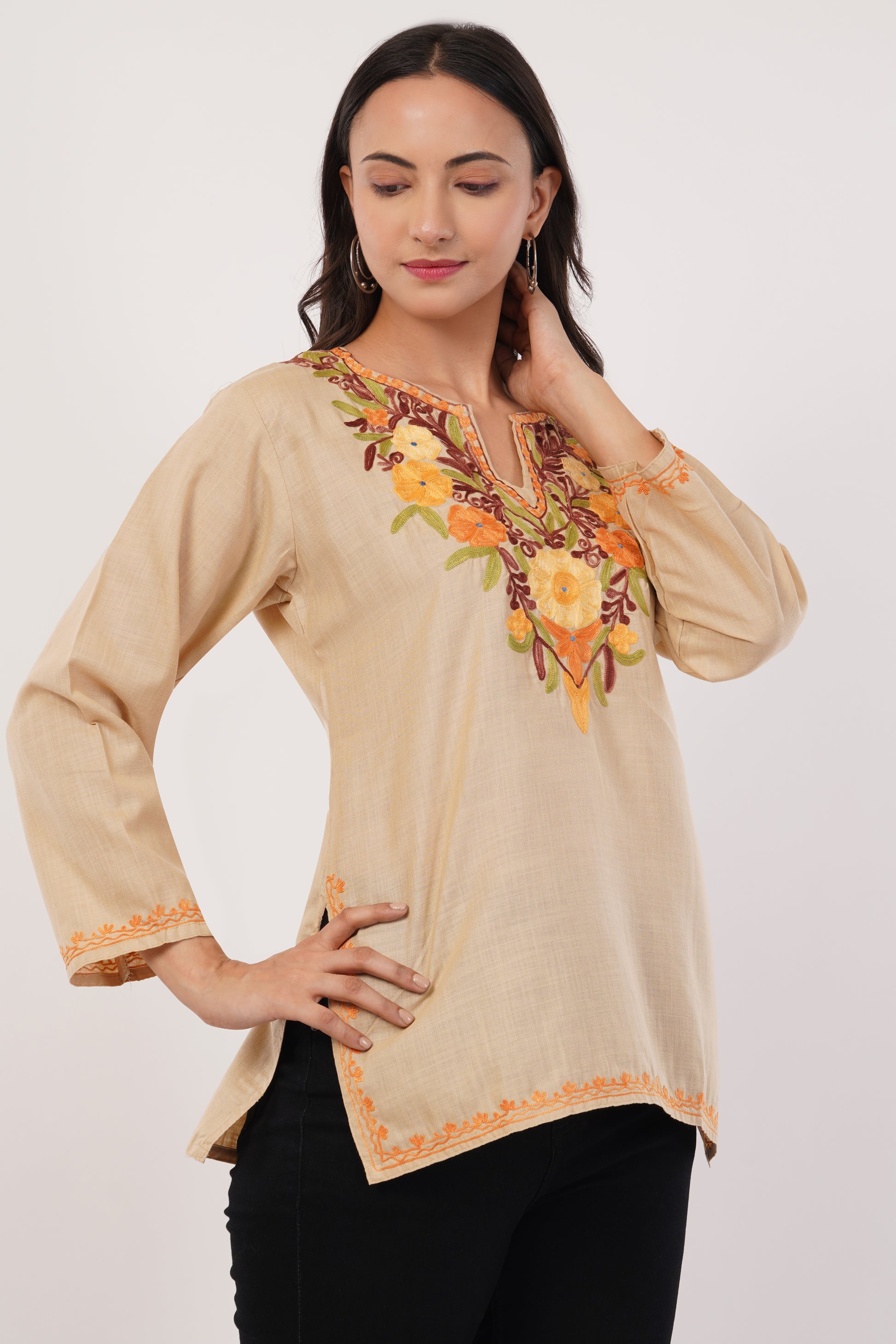 Kashmiri Aari embroidery Cotton Short Kurti Size-38 (Beige)