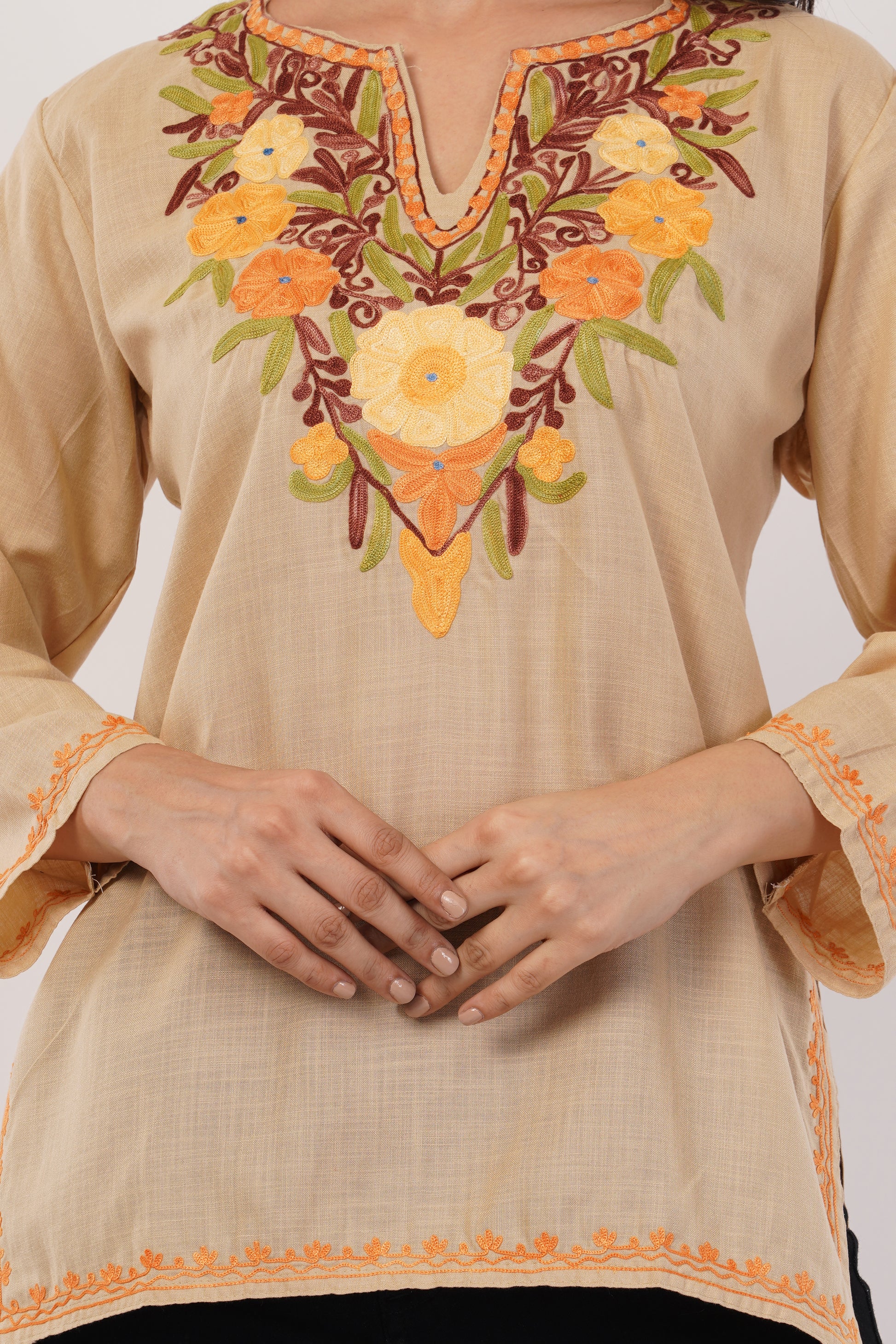 Kashmiri Aari embroidery Cotton Short Kurti Size-38 (Beige)