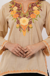 Kashmiri Aari embroidery Cotton Short Kurti Size-38 (Beige)