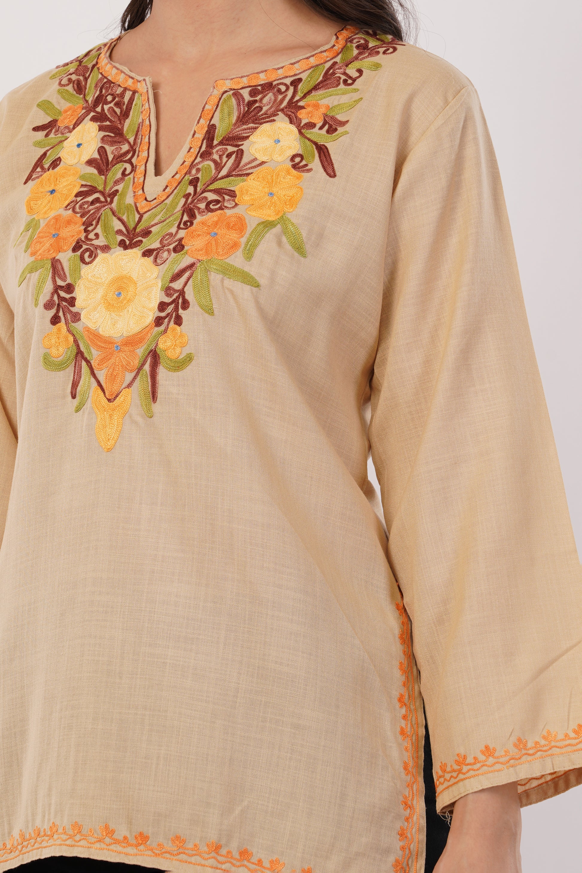 Kashmiri Aari embroidery Cotton Short Kurti Size-38 (Beige)