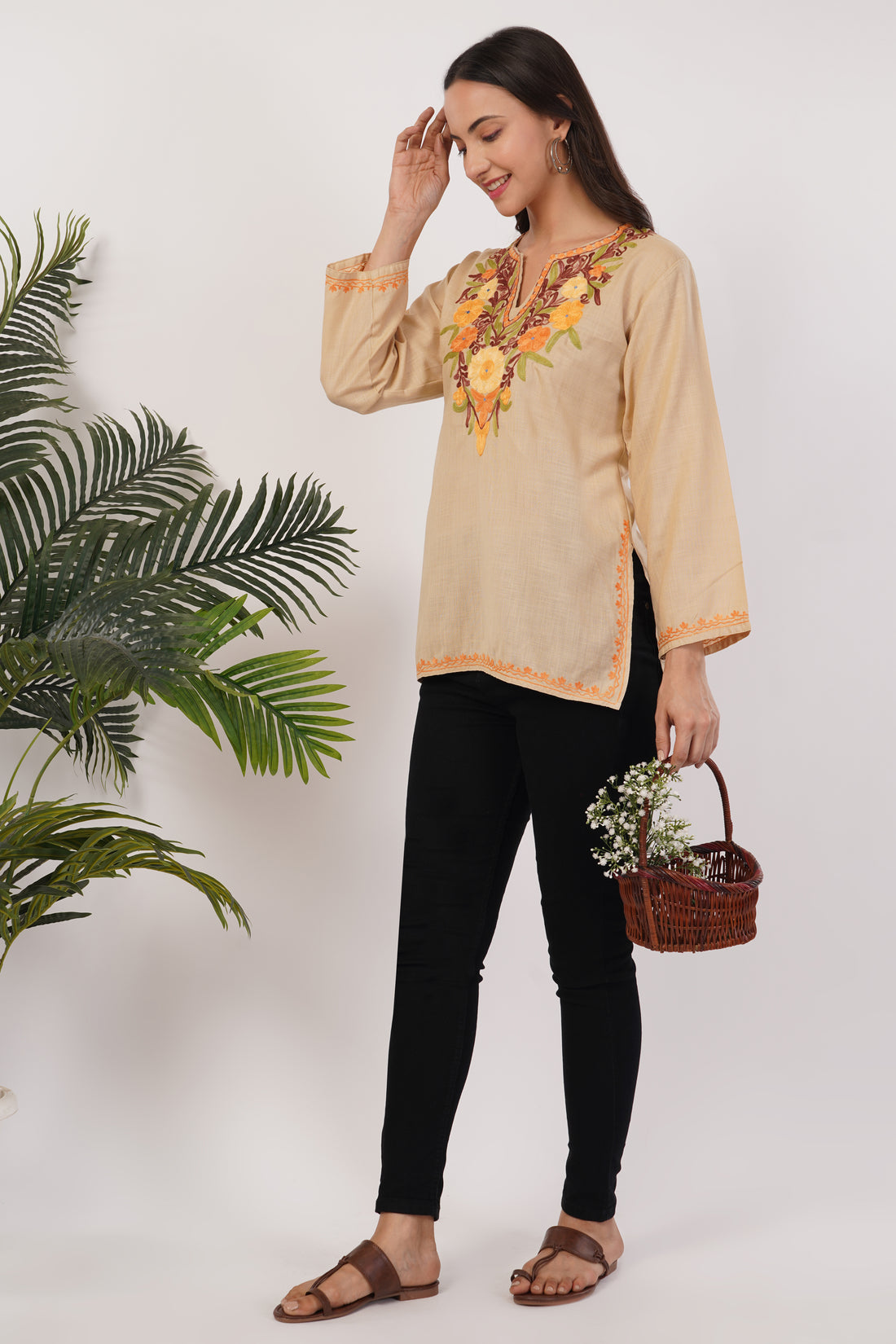 Kashmiri Aari embroidery Cotton Short Kurti Size-38 (Beige)