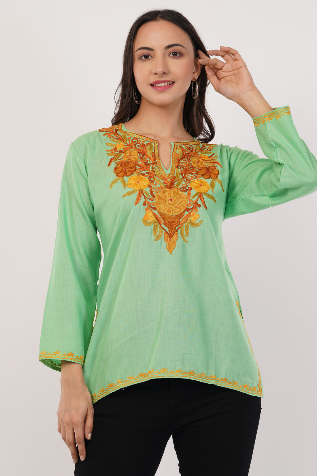 Kashmiri Aari embroidery Cotton Short Kurti Size-38 (Green)