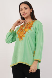 Kashmiri Aari embroidery Cotton Short Kurti Size-38 (Green)
