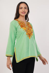 Kashmiri Aari embroidery Cotton Short Kurti Size-38 (Green)