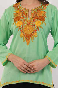 Kashmiri Aari embroidery Cotton Short Kurti Size-38 (Green)