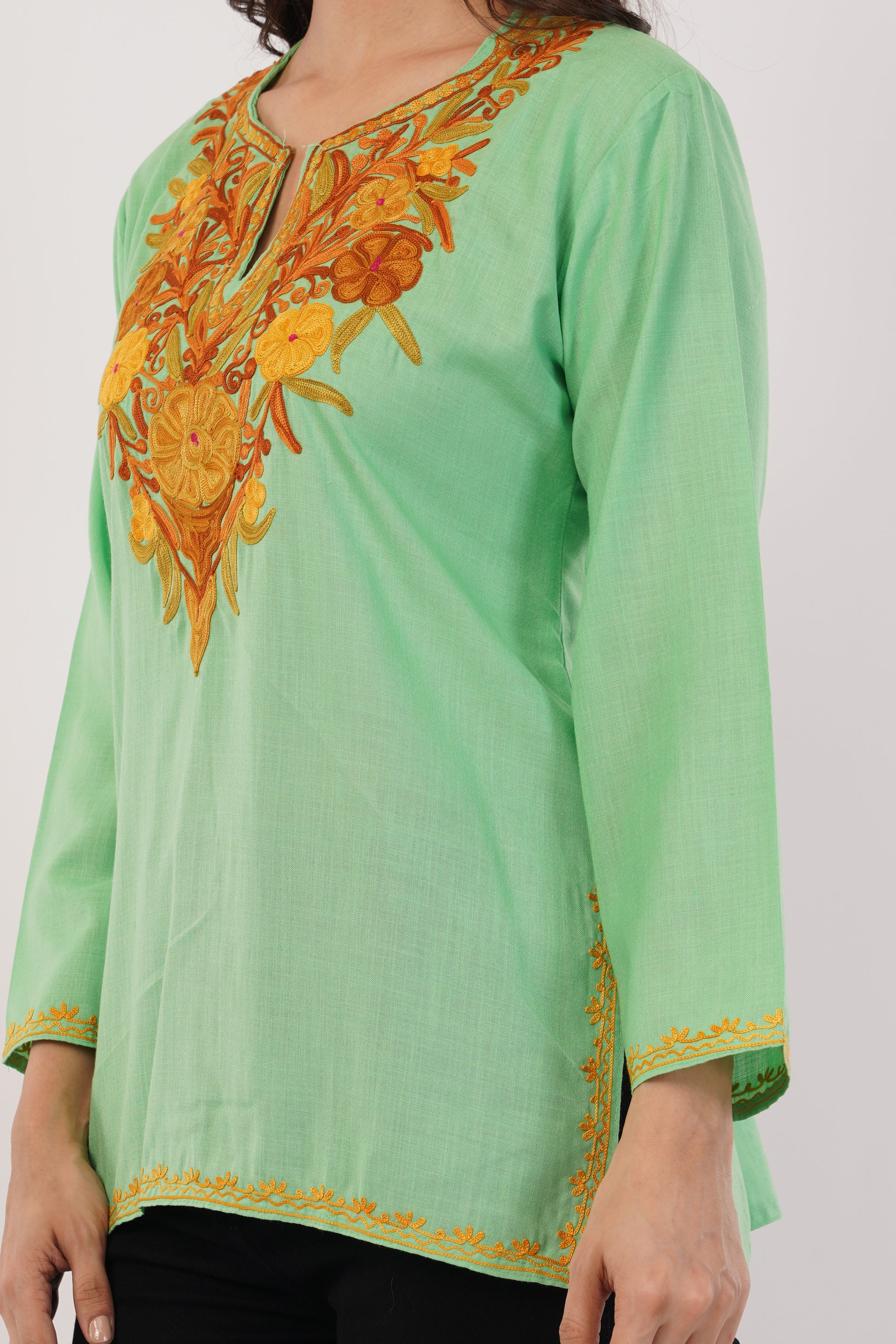 Kashmiri Aari embroidery Cotton Short Kurti Size-38 (Green)