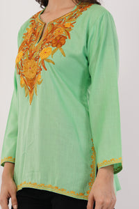 Kashmiri Aari embroidery Cotton Short Kurti Size-38 (Green)