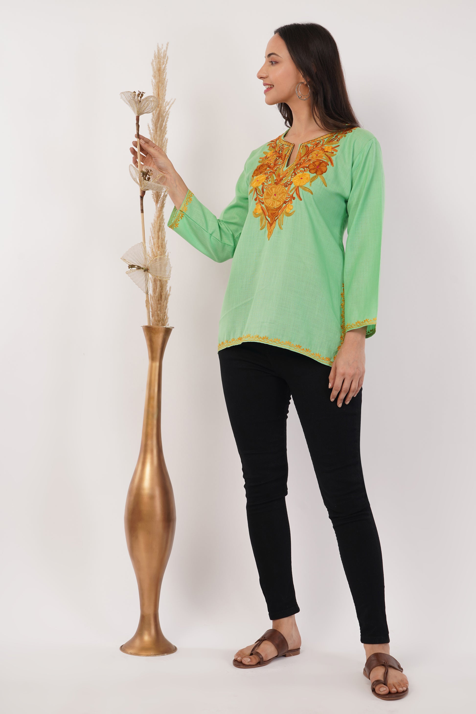 Kashmiri Aari embroidery Cotton Short Kurti Size-38 (Green)