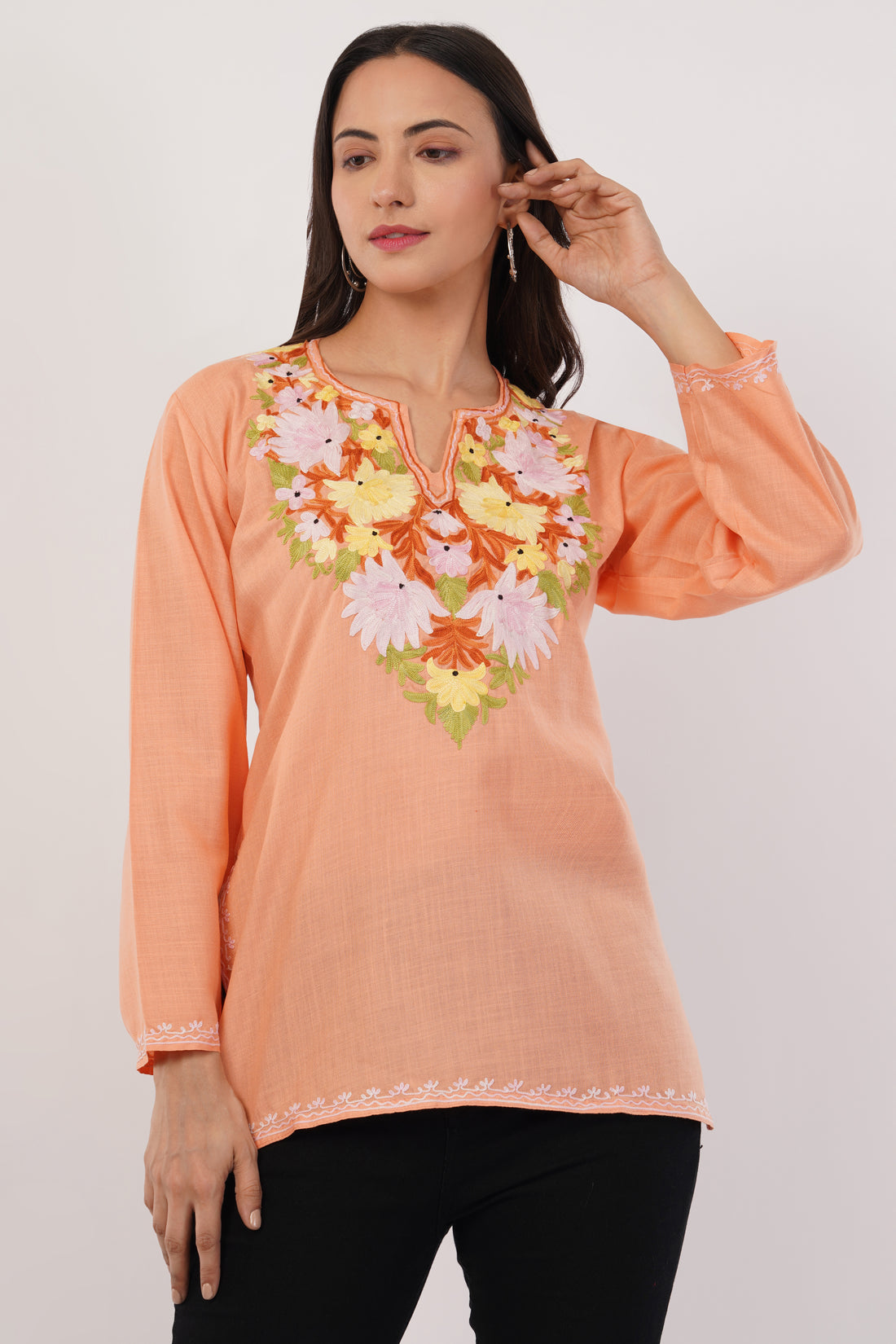 Kashmiri Aari embroidery Cotton Short Kurti Size-38 (Peach)