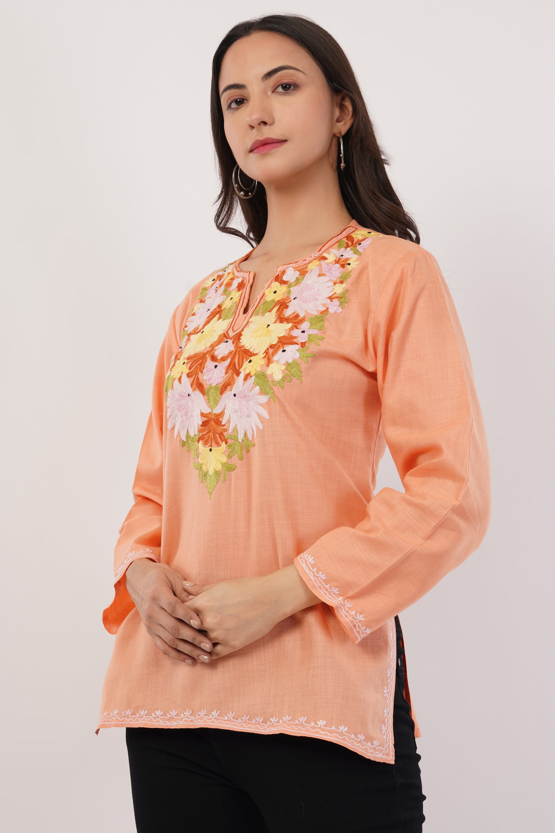 Kashmiri Aari embroidery Cotton Short Kurti Size-38 (Peach)
