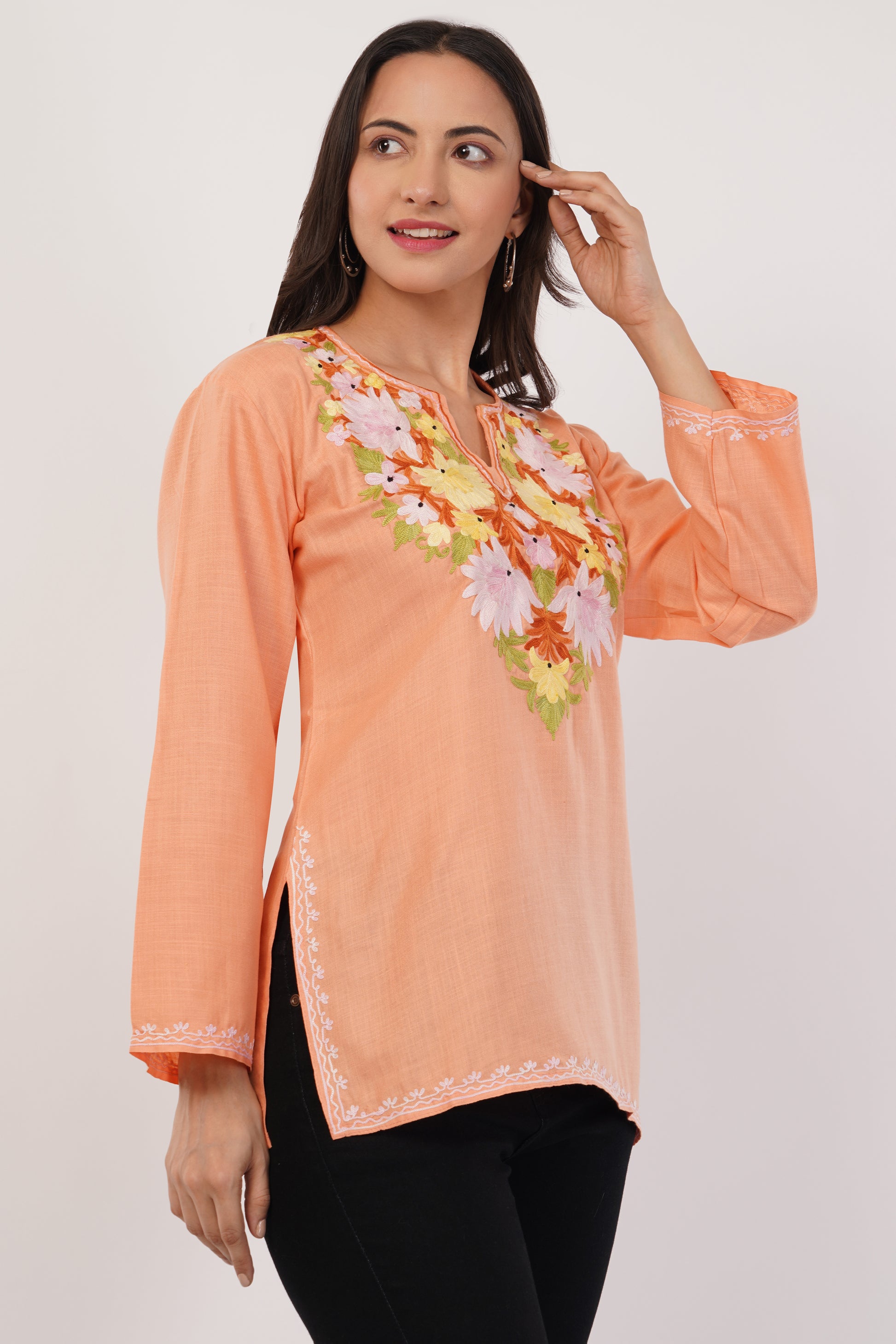 Kashmiri Aari embroidery Cotton Short Kurti Size-38 (Peach)