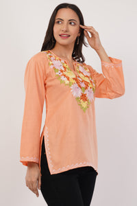 Kashmiri Aari embroidery Cotton Short Kurti Size-38 (Peach)