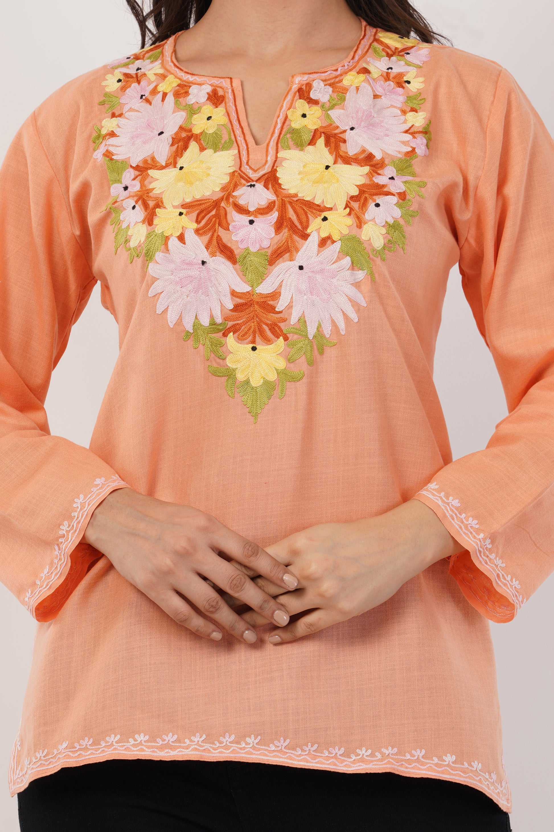 Kashmiri Aari embroidery Cotton Short Kurti Size-38 (Peach)