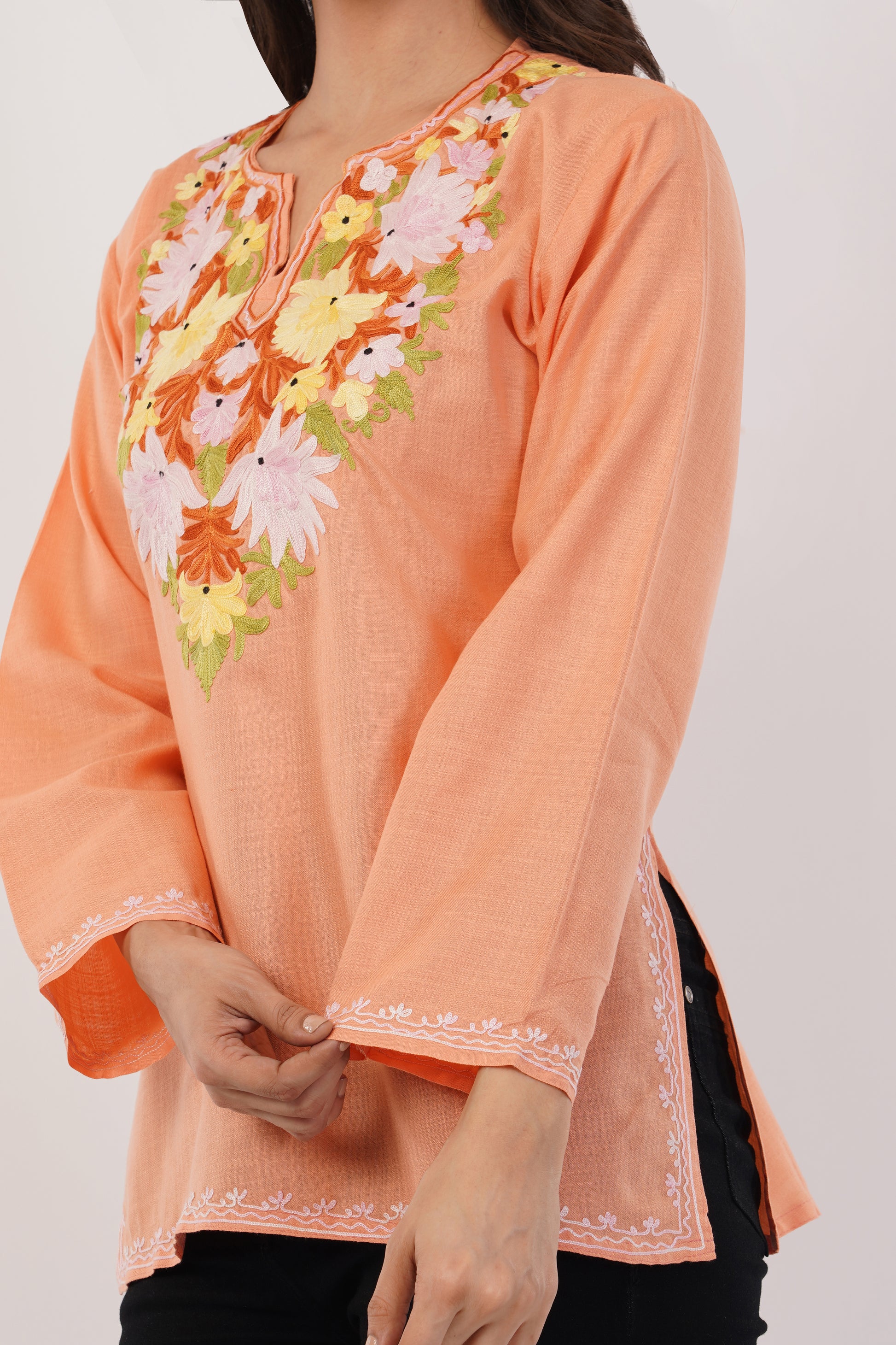 Kashmiri Aari embroidery Cotton Short Kurti Size-38 (Peach)